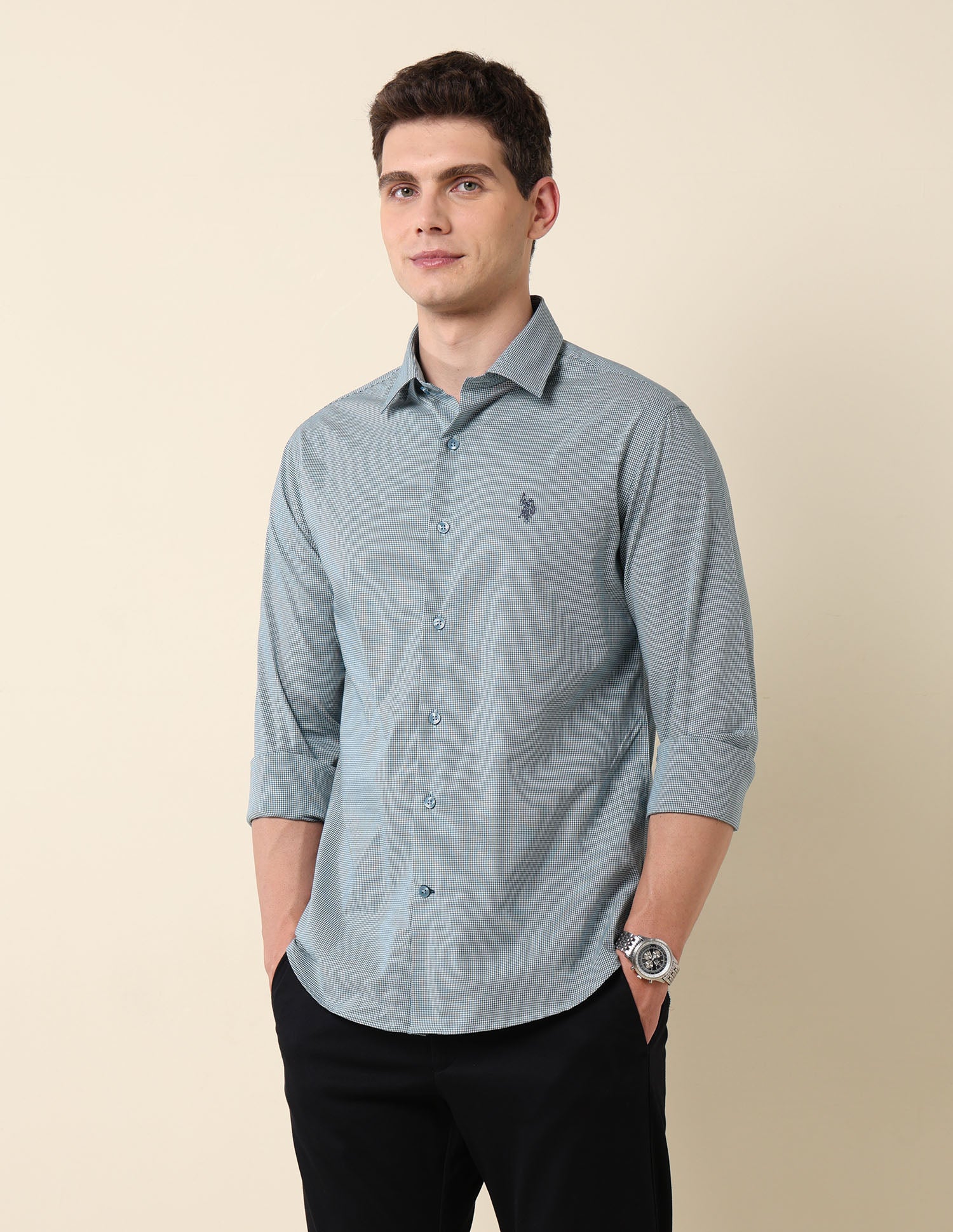 Micro Checked Tailored Fit Shirt Teal - U.S. Polo Assn. India | Large