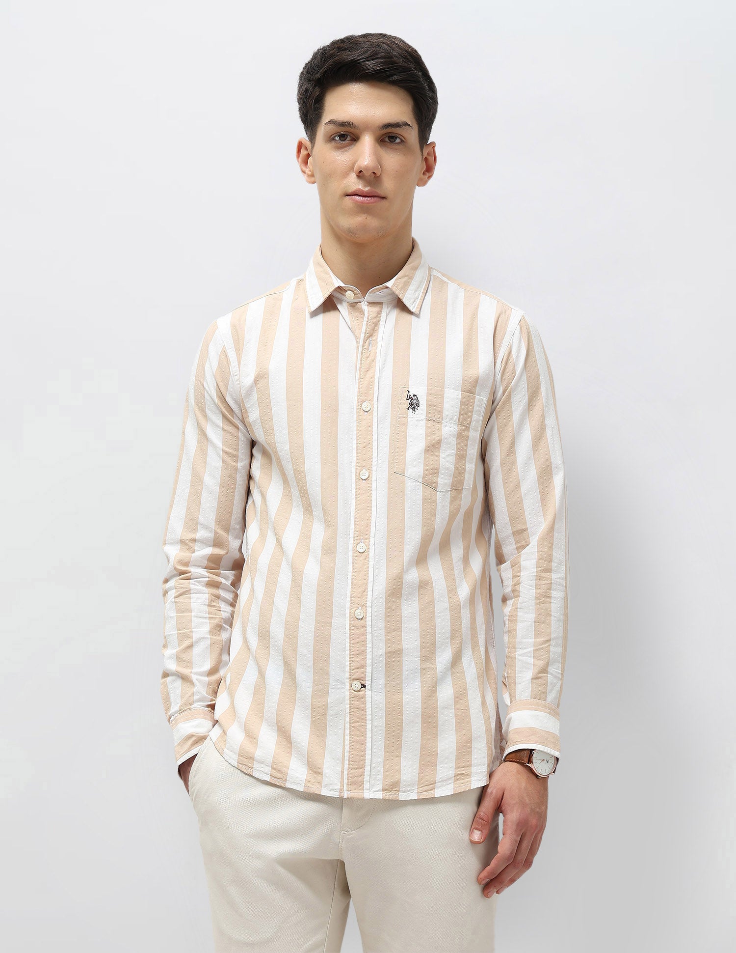 Vertical Striped Seersucker Shirt Mustard - U.S. Polo Assn. India | Large