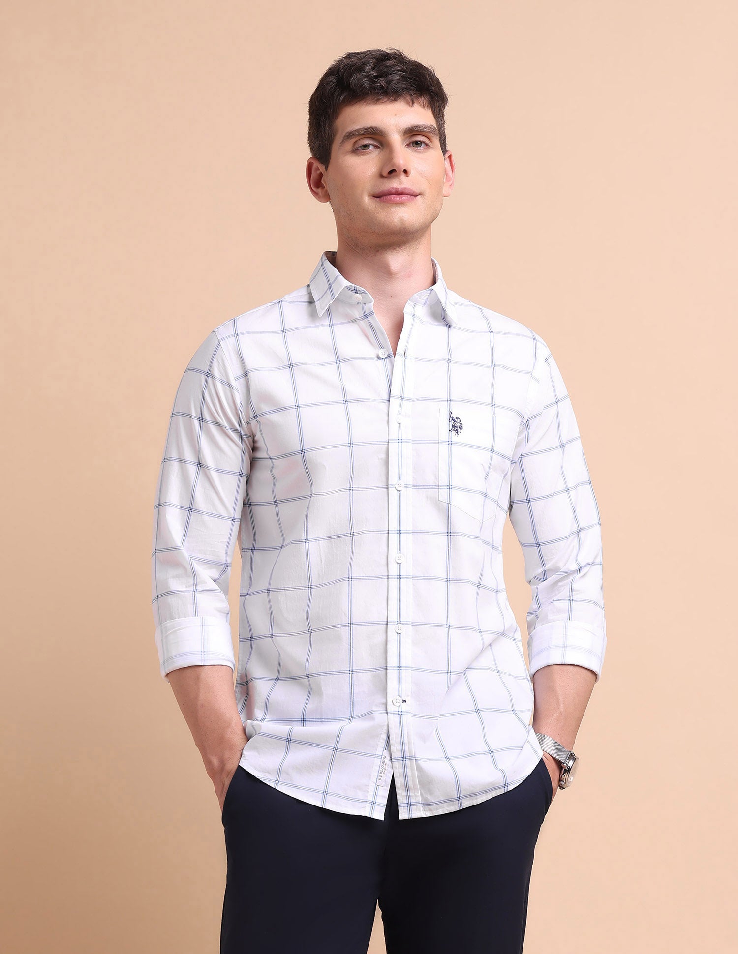 Tailored Fit Windowpane Checked Shirt White - U.S. Polo Assn. India | Large