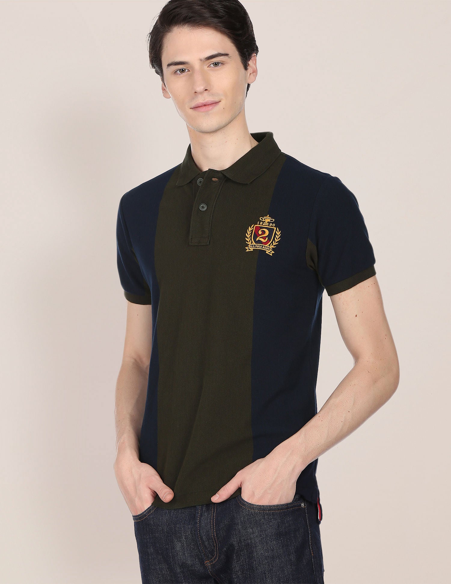 Vertical Stripe Crest Embroidered Polo Shirt Olive and Navy - U.S. Polo Assn. India | Large