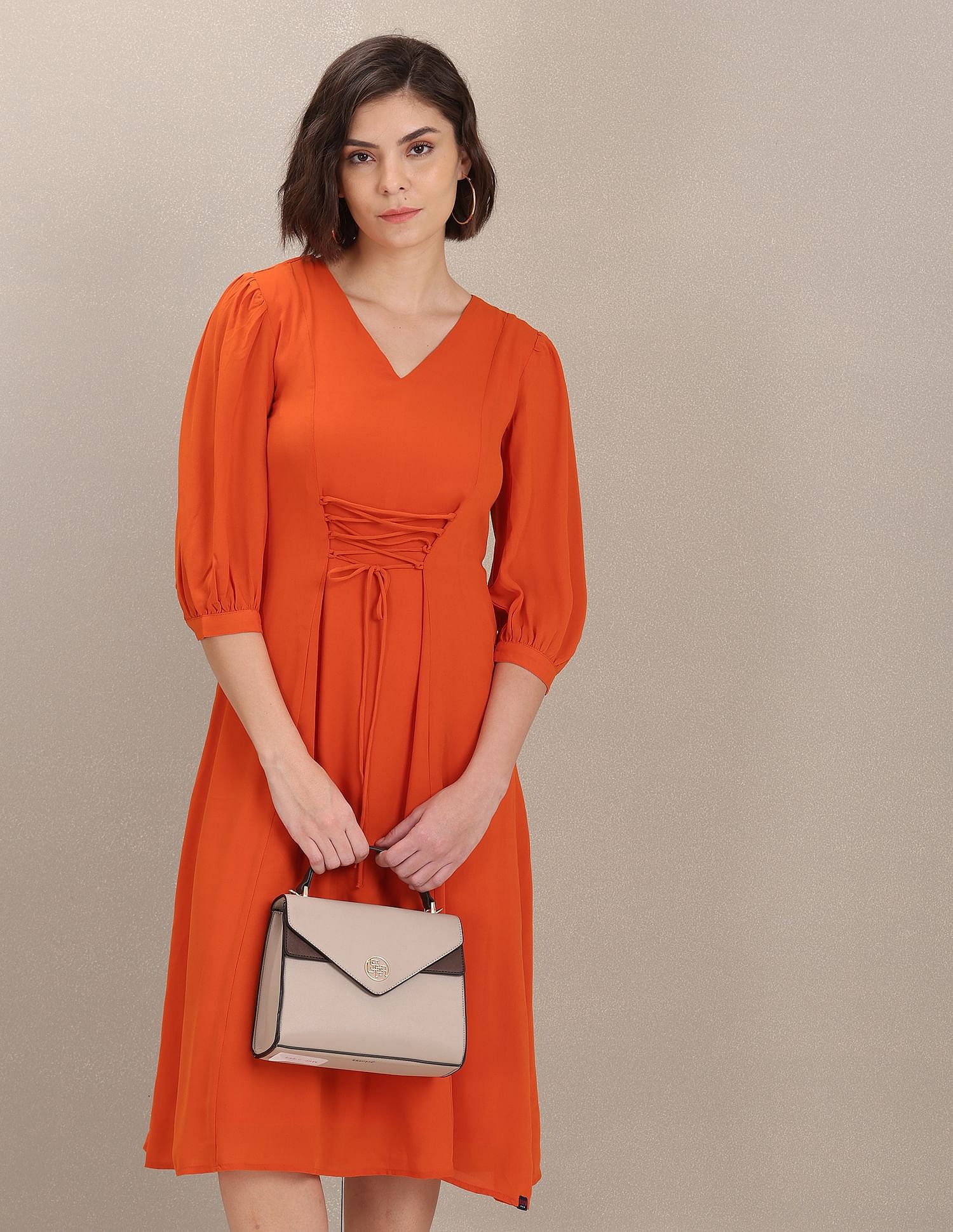 Solid Three Quarter Sleeve A-Line Dress Orange - U.S. Polo Assn. India | Large