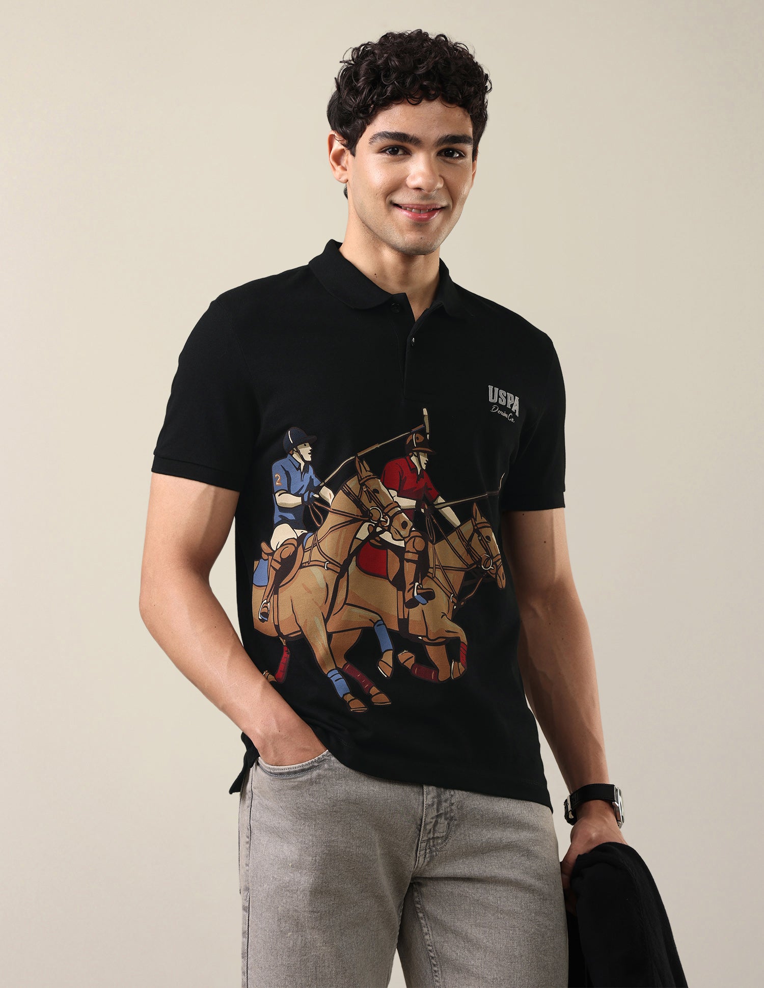Graphic Brand Printed Slim Fit Polo Shirt Black - U.S. Polo Assn. India | Large