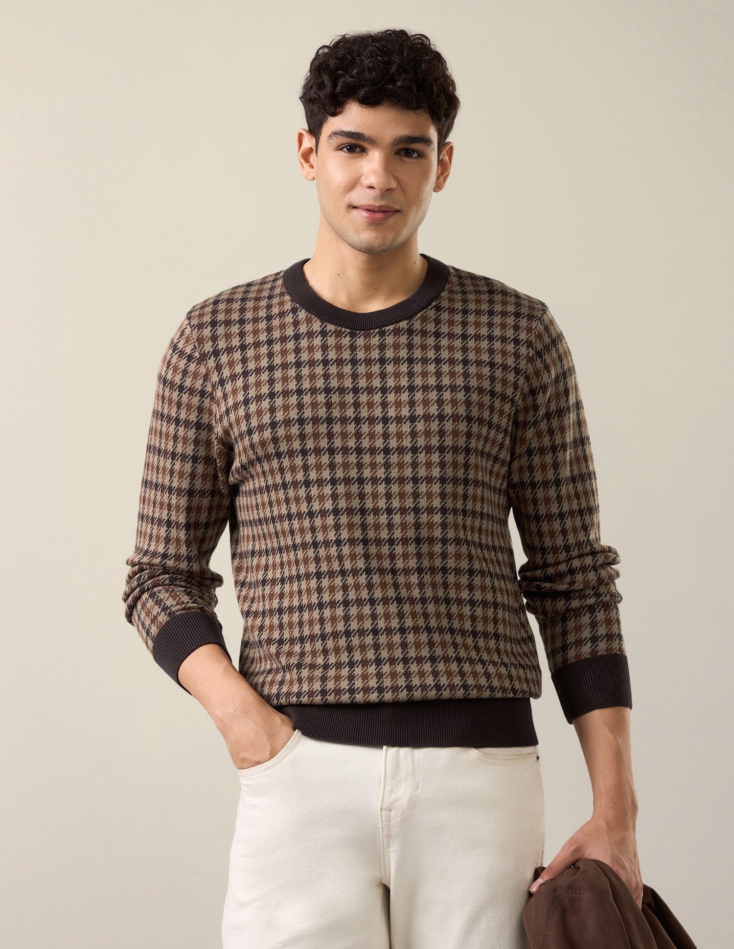 Houndstooth Patterned Knit Slim Fit Sweater Light Brown - U.S. Polo Assn. India | Large