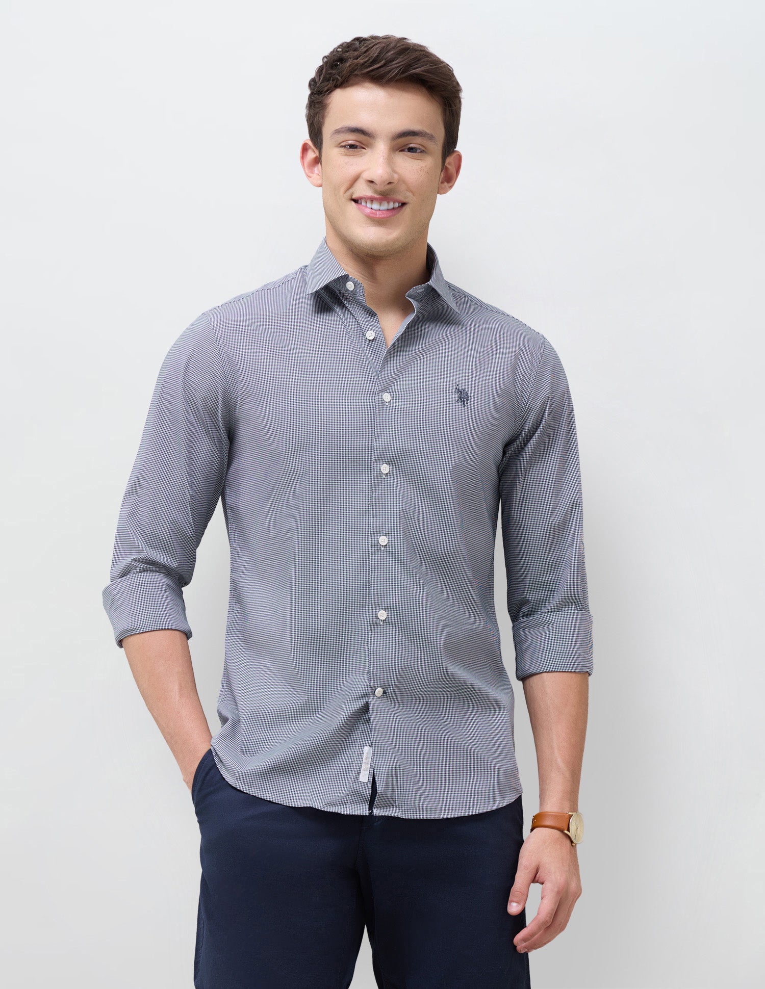 Poplin Micro Checked Shirt Navy - U.S. Polo Assn. India | Large