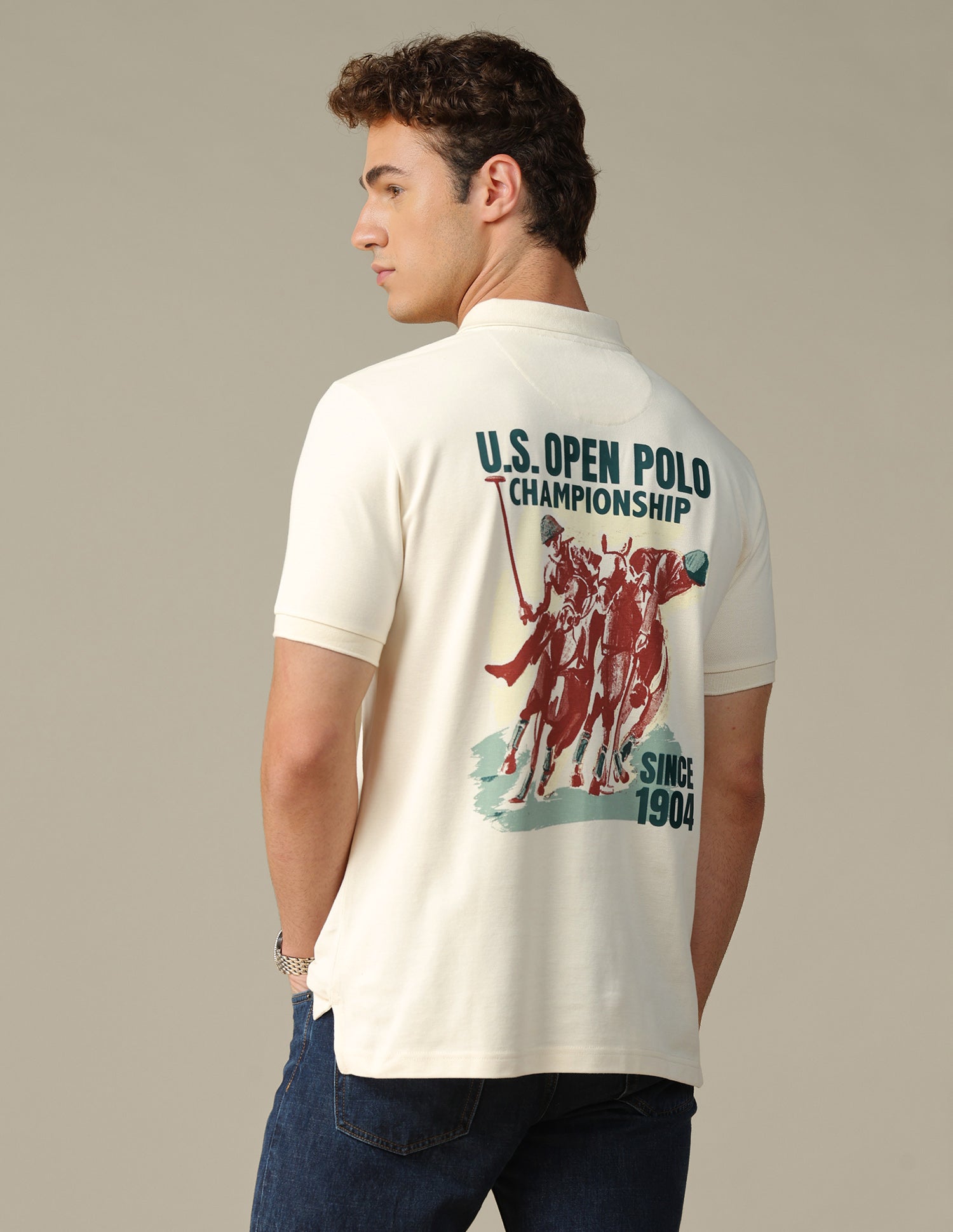 Graphic Brand Printed Regular Fit Polo Shirt Off White - U.S. Polo Assn. India | Large