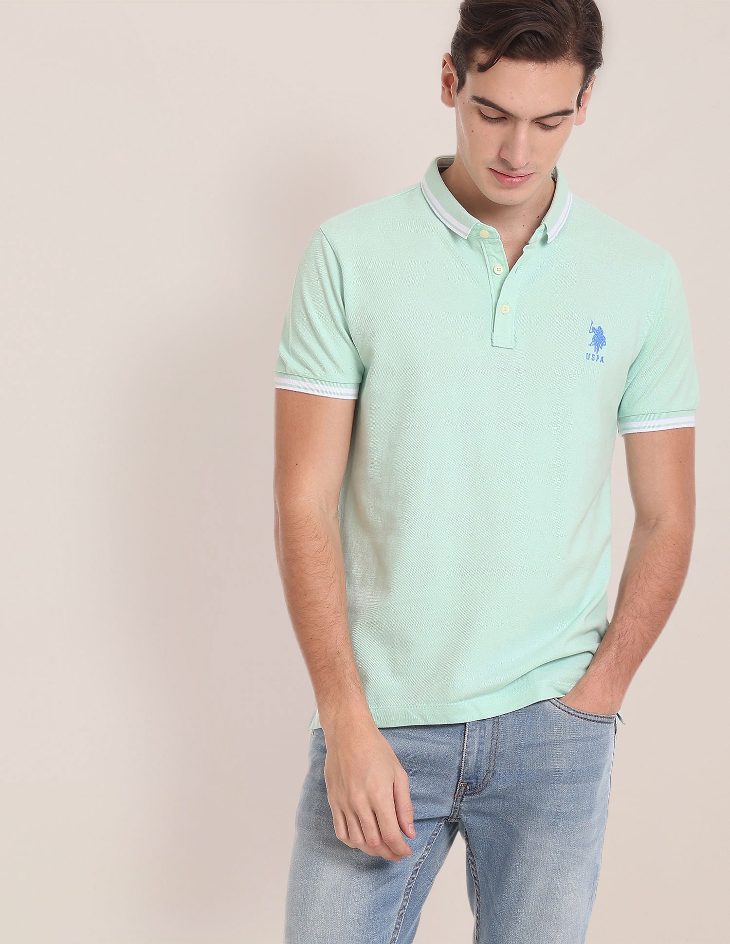 Iconic Striped Collar Polo Shirt Light Green - U.S. Polo Assn. India | Large