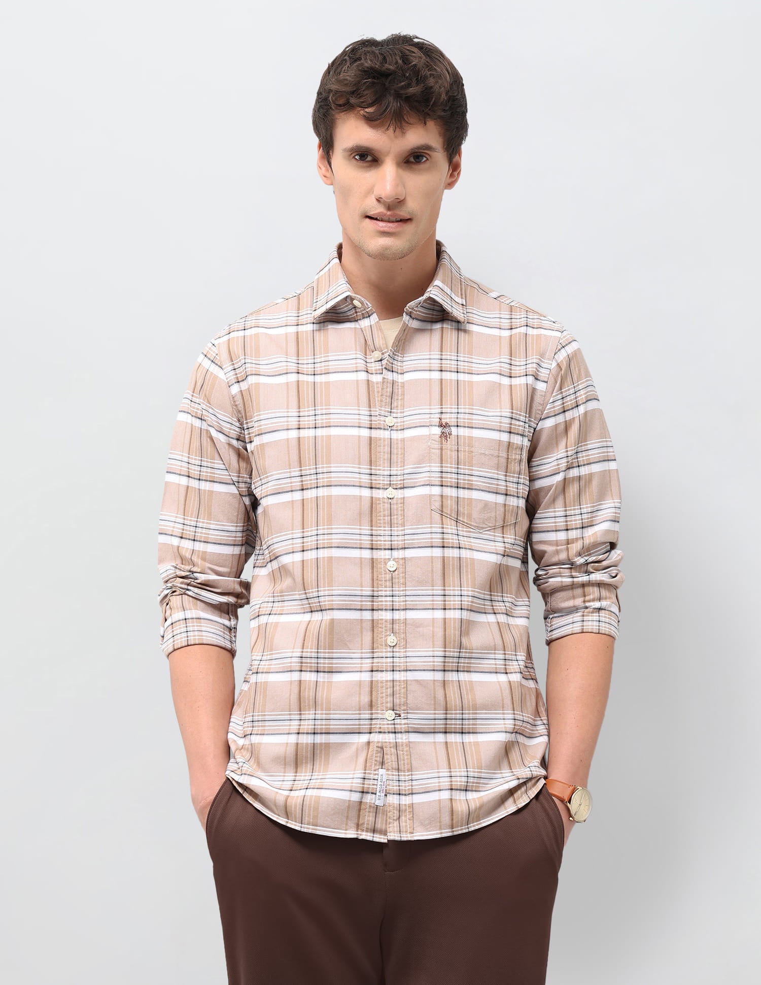 Plaid Checked Tailored Fit Shirt Beige - U.S. Polo Assn. India | Large