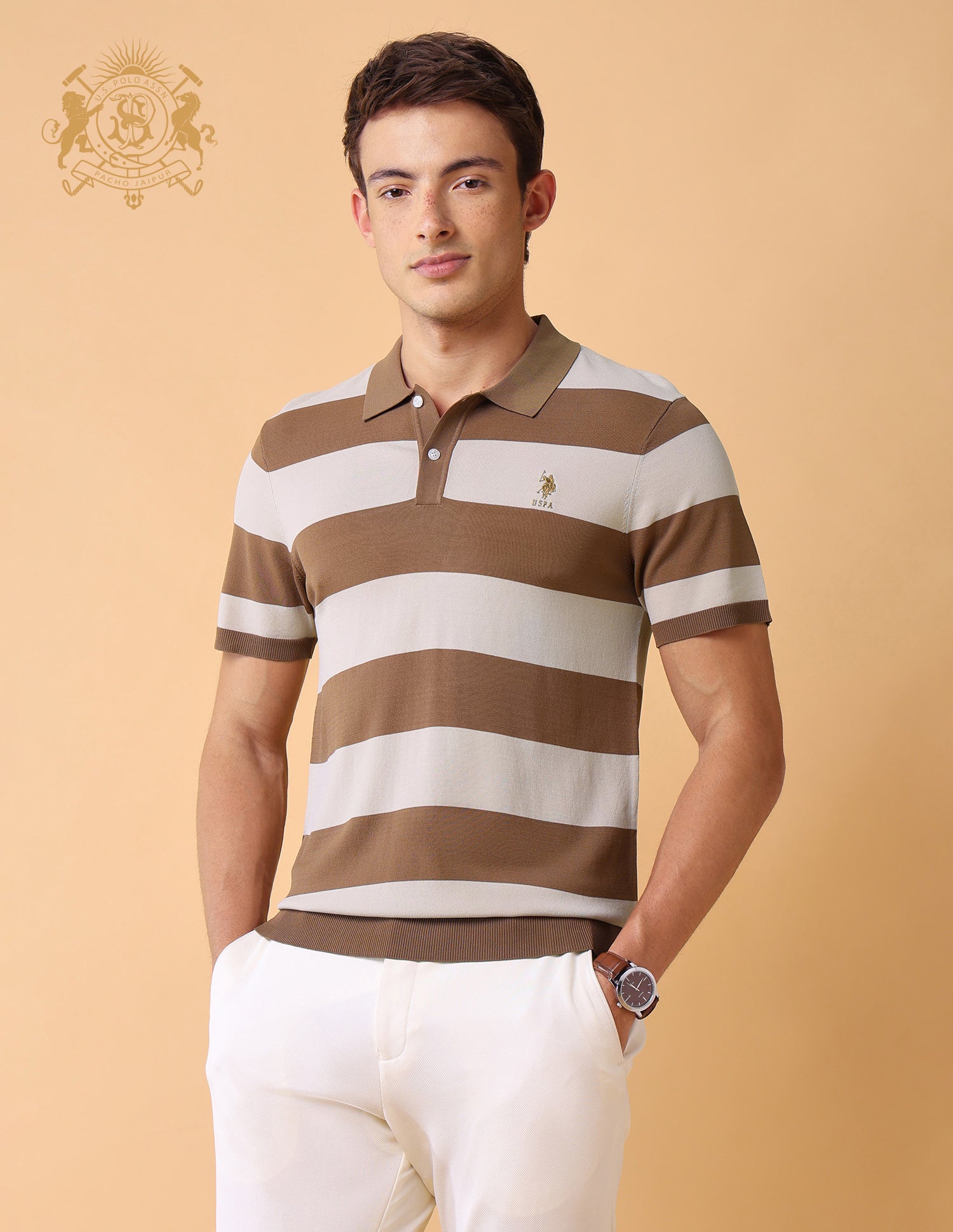 Horizontal Striped Slim Fit Polo Shirt Beige - U.S. Polo Assn. India | Large
