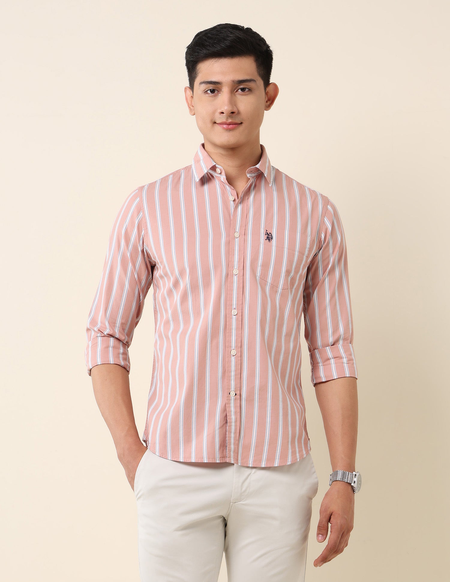 Vertical Striped Pure Cotton Shirt Rust - U.S. Polo Assn. India | Large