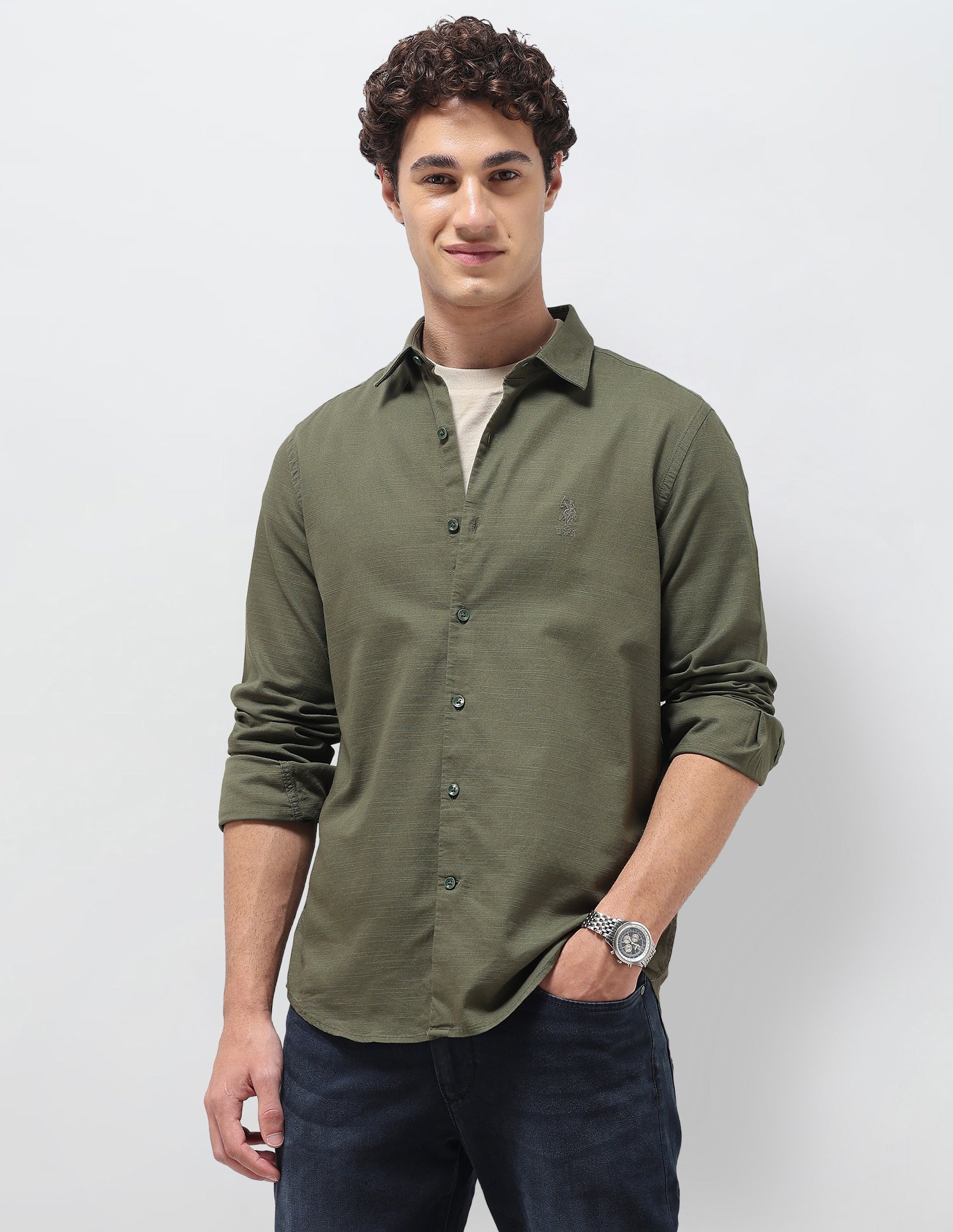 Textured Regular Fit Shirt Olive - U.S. Polo Assn. India | Large