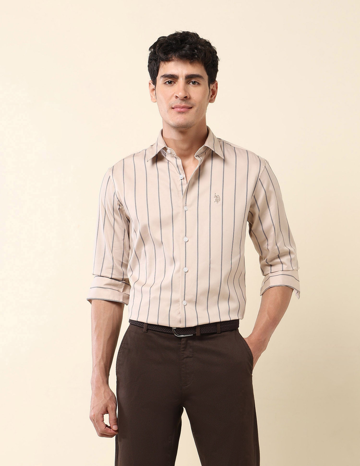 Vertical Striped Tailored Fit Shirt Khaki - U.S. Polo Assn. India | Large