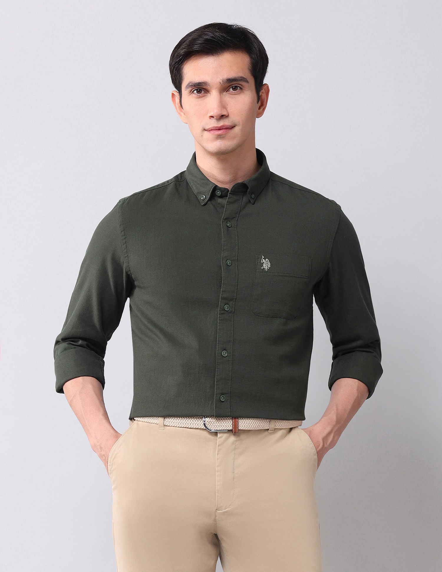 Regular Fit Twill Solid Shirt Olive - U.S. Polo Assn. India | Large