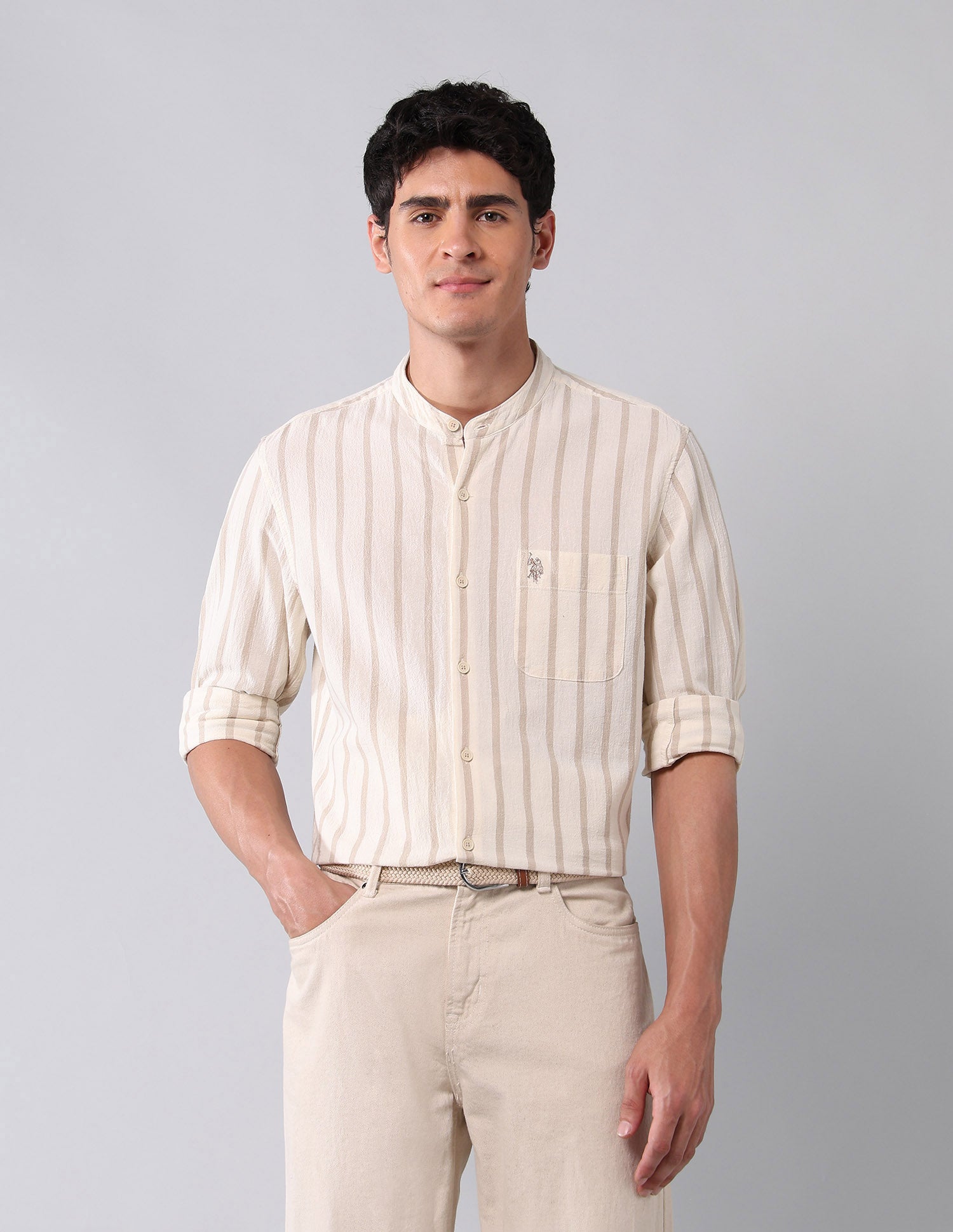 Vertical Striped Pure Cotton Shirt Ecru - U.S. Polo Assn. India | Large