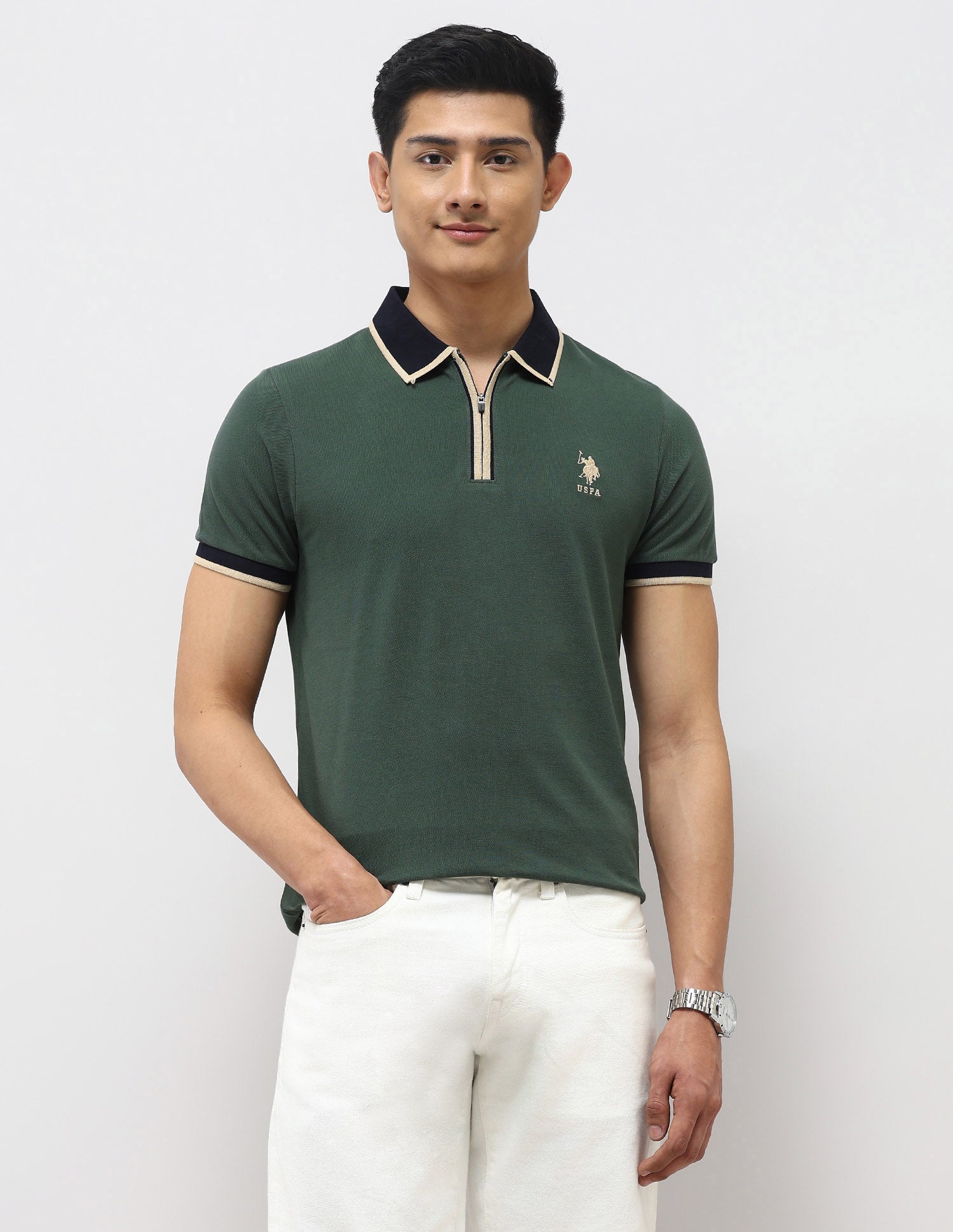 Pure Cotton Muscle Fit Polo Shirt Olive - U.S. Polo Assn. India | Large