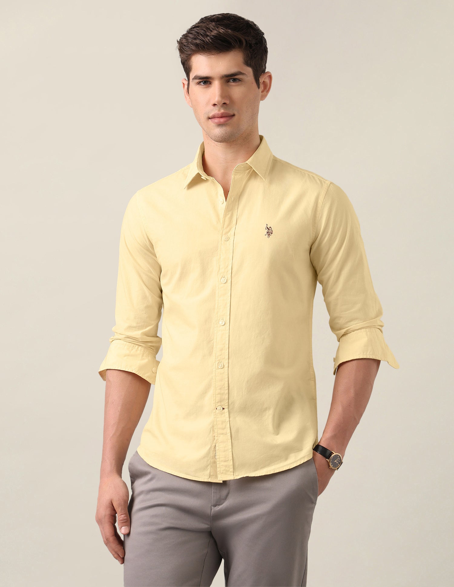 Tailored Fit Solid Shirt Light Yellow - U.S. Polo Assn. India | Large