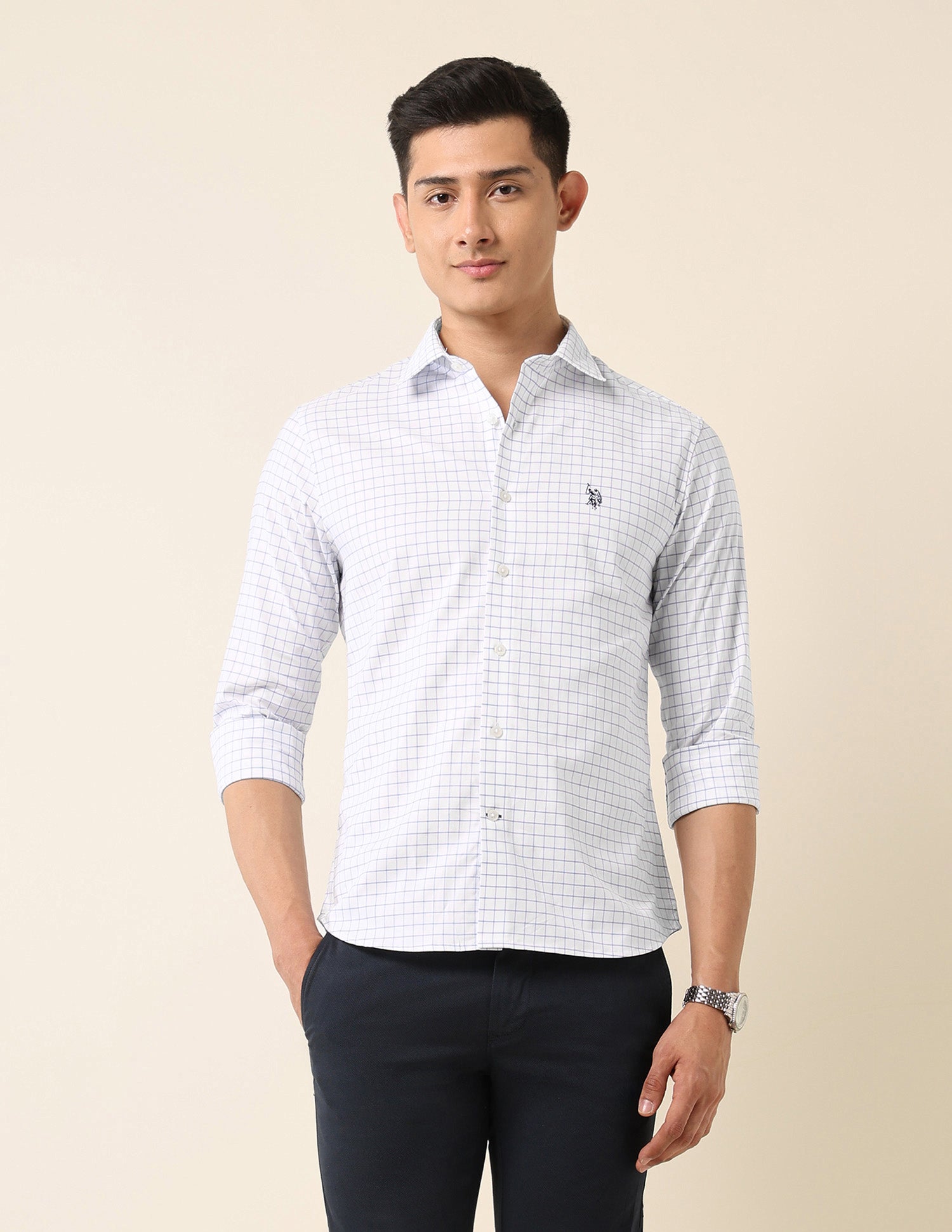 Tailored Fit Graph Checked Shirt Blue - U.S. Polo Assn. India | Large
