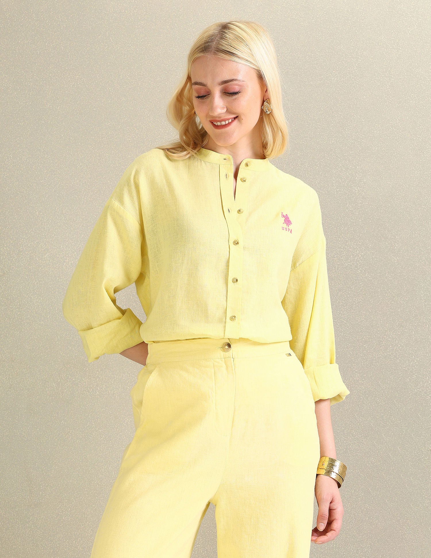 Mandarin Collar Viscose Linen Shirt Yellow - U.S. POLO ASSN. | Large