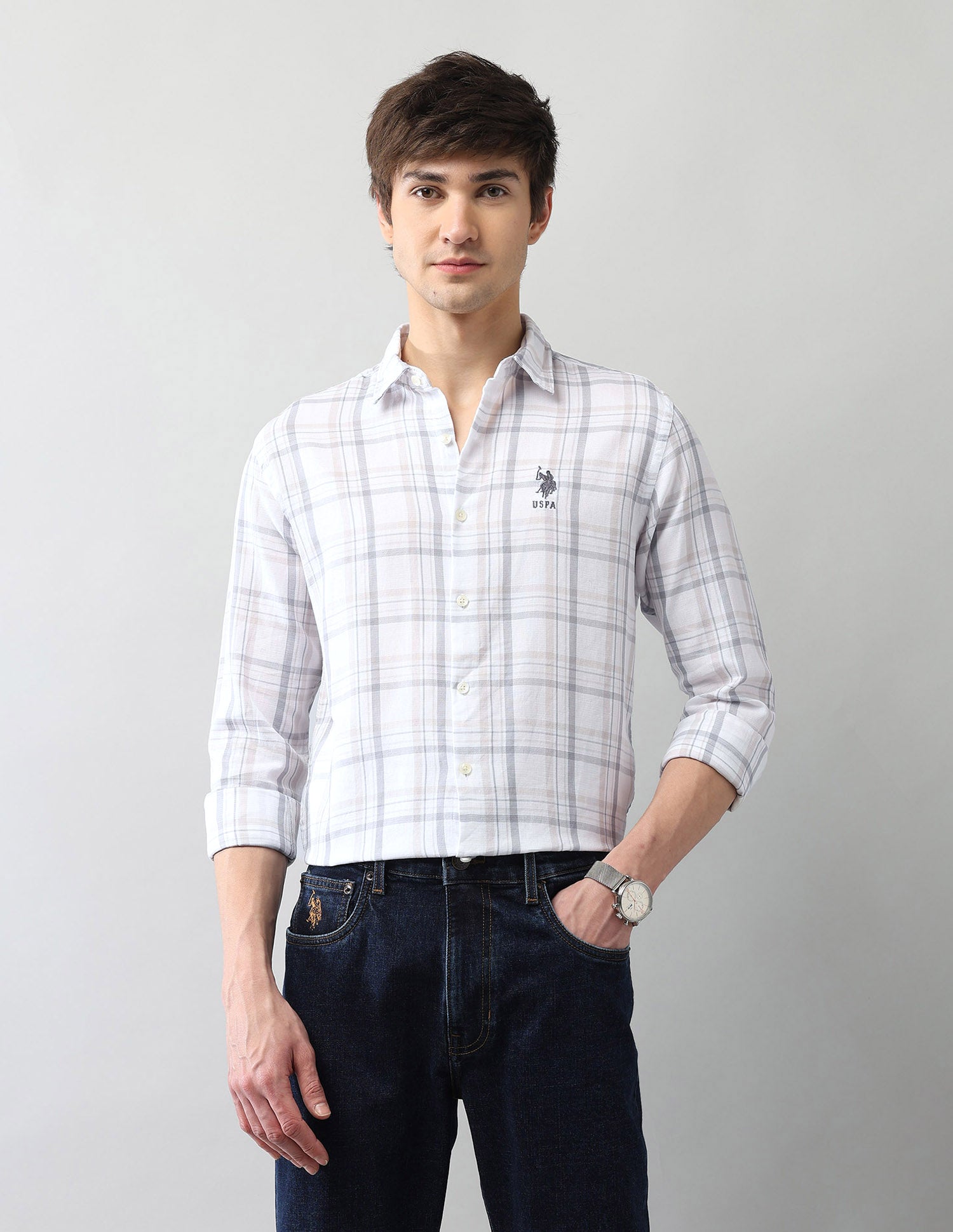 Grid Tattersall Checked Regular Fit Dobby Shirt Ecru - U.S. Polo Assn. India | Large