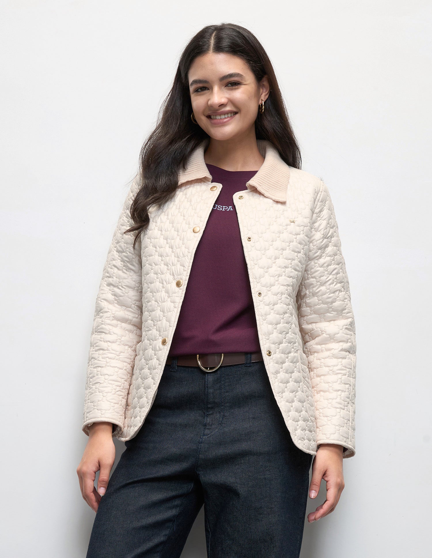 Solid Regular Fit Quilted Jacket Off-White - U.S. Polo Assn. India | Large