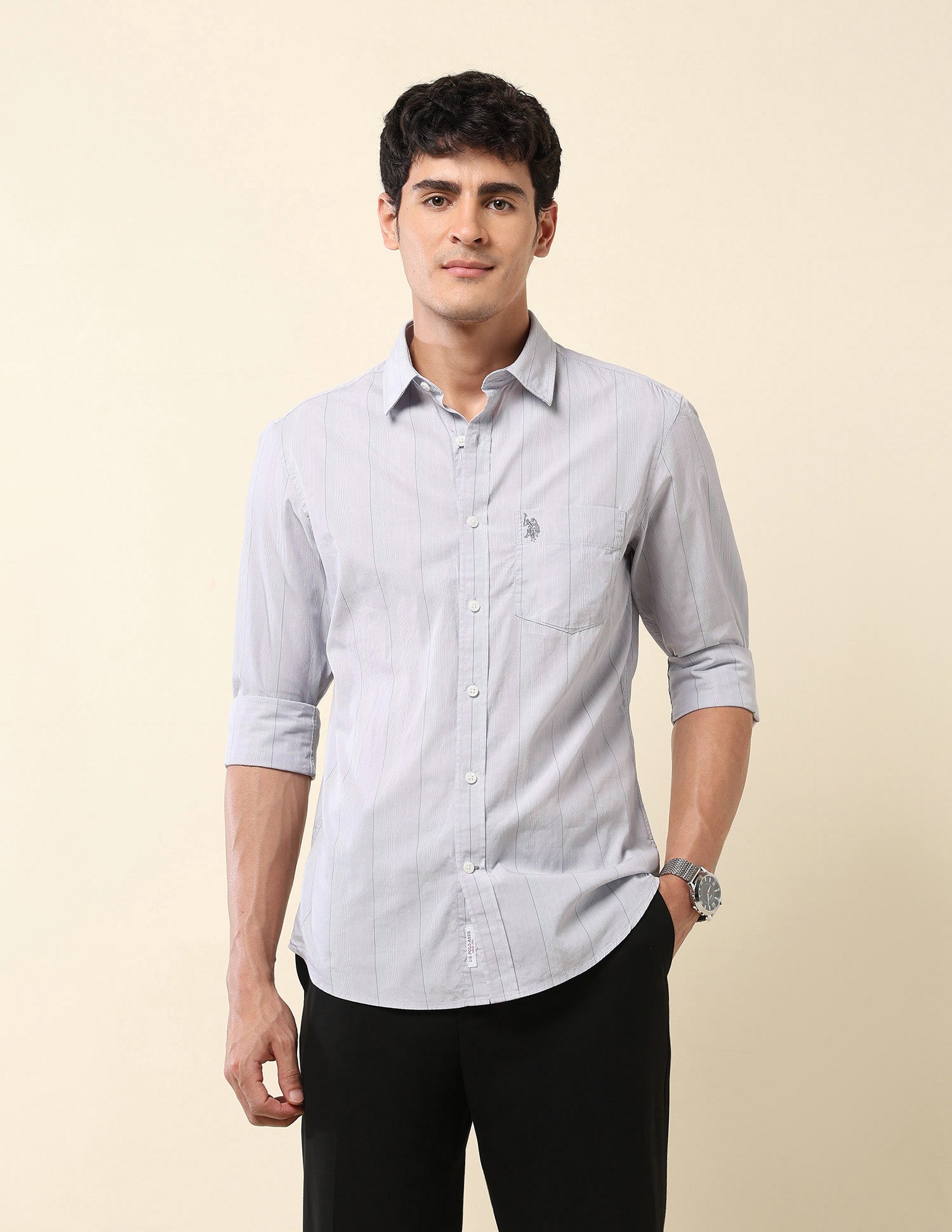 Pinstriped Pure Cotton Shirt Light Grey - U.S. Polo Assn. India | Large