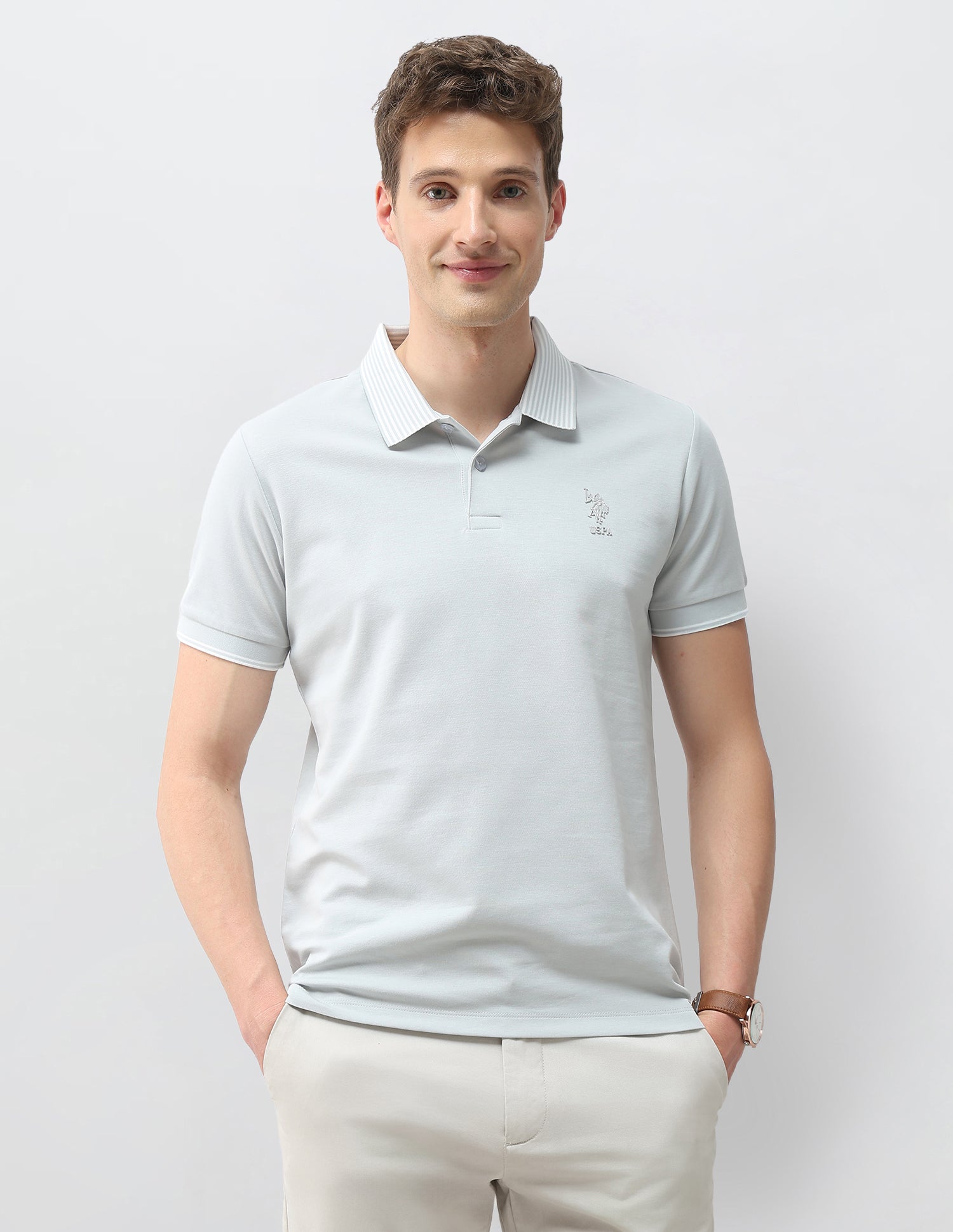 Solid Slim Fit Polo Shirt Light Grey - U.S. Polo Assn. India | Large