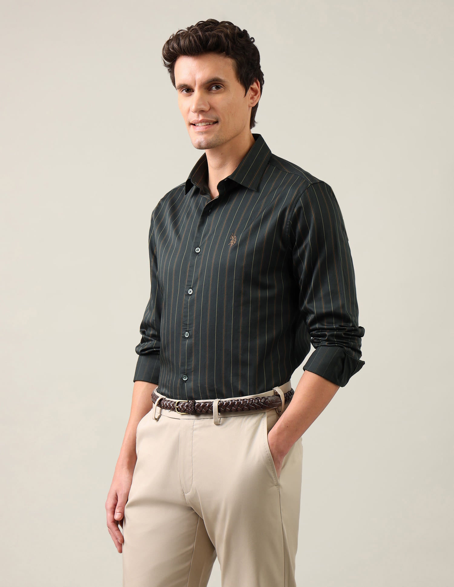 Vertical Striped Satin Shirt Green - U.S. Polo Assn. India | Large