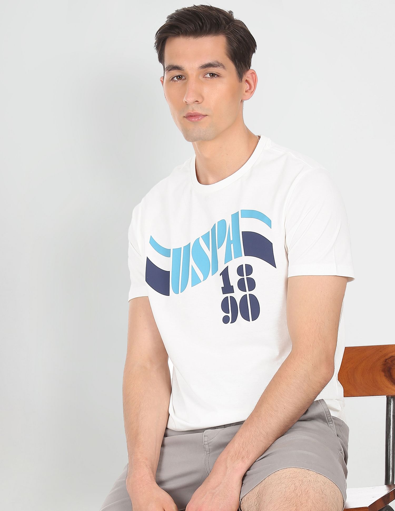 Men White Crew Neck Cotton Brand Print T-Shirt White - U.S. Polo Assn. India | Large