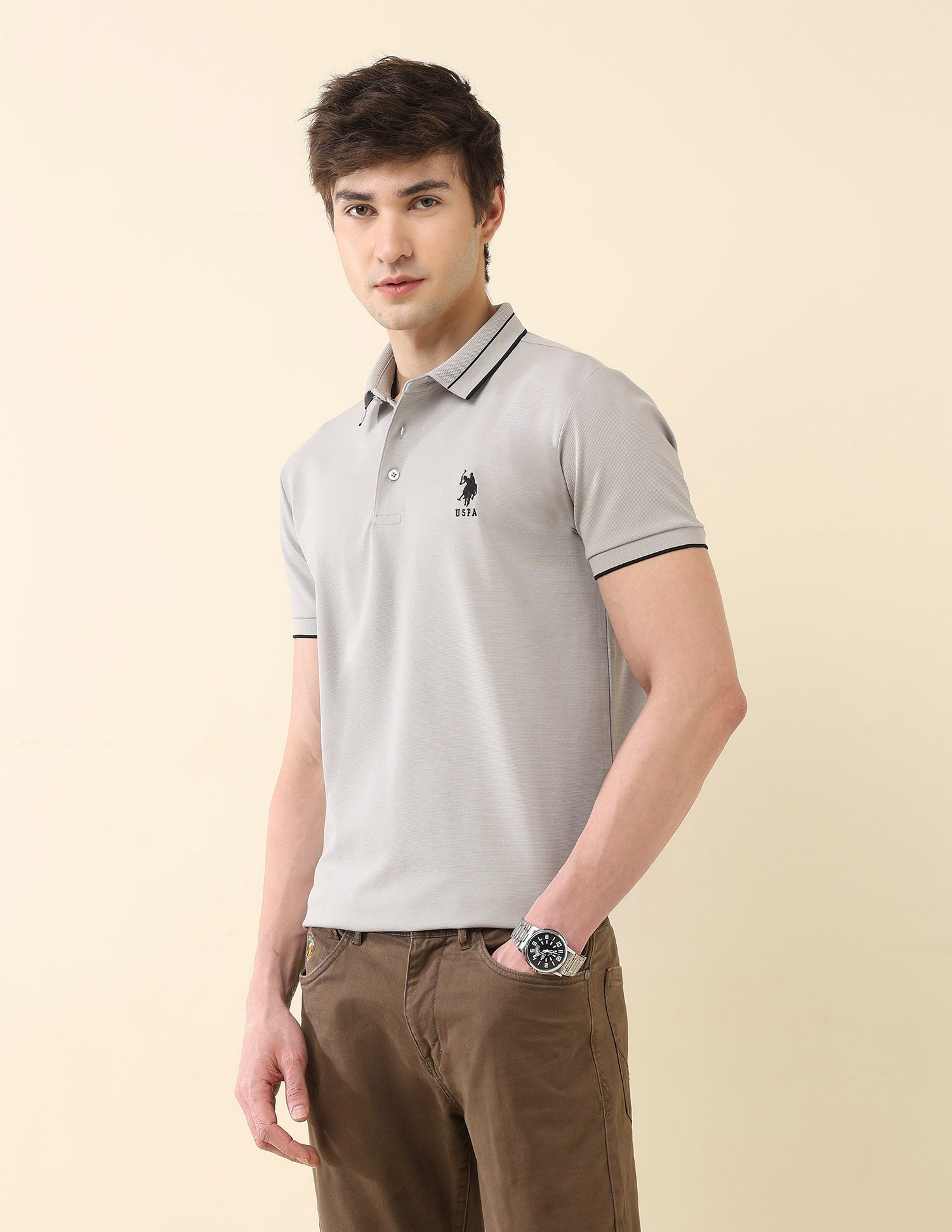 Solid Slim Fit Modern Monochrome Polo Shirt Grey - U.S. Polo Assn. India | Large
