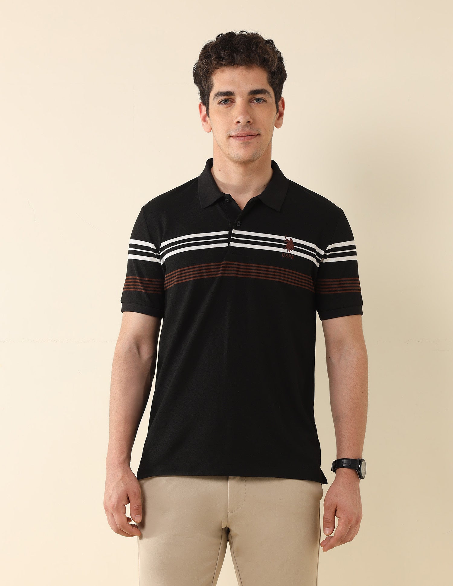 Horizontal Striped Modern Monochrome Polo Shirt Black - U.S. Polo Assn. India | Large