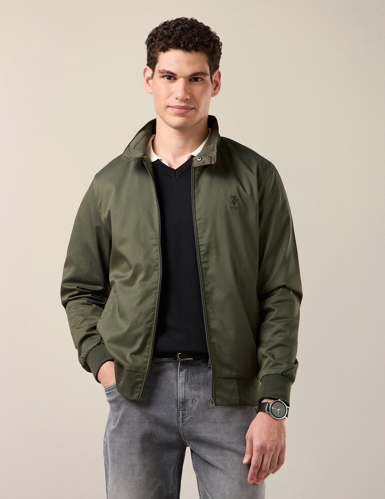 Solid Regular Fit Bomber Jacket Olive - U.S. Polo Assn. India | Large