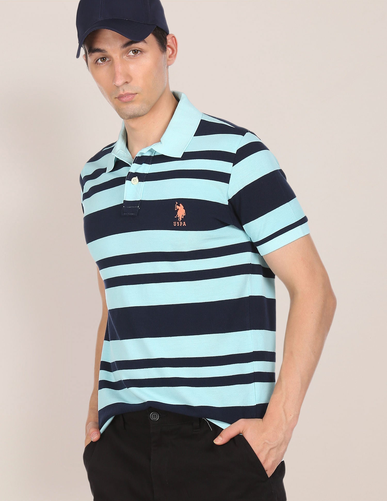 Ribbed Collar Striped Polo Shirt Aqua and Navy - U.S. Polo Assn. India | Large