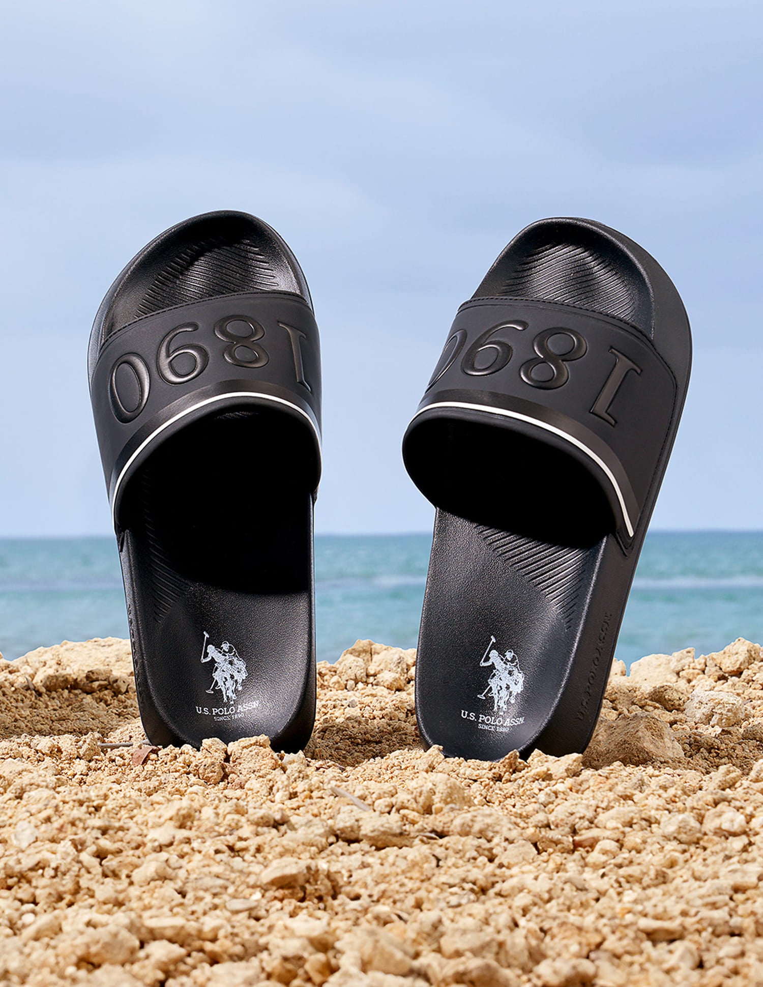 Men Brand Print Open Toe Raffer 7.0 Slides Black - U.S. Polo Assn. India | Large