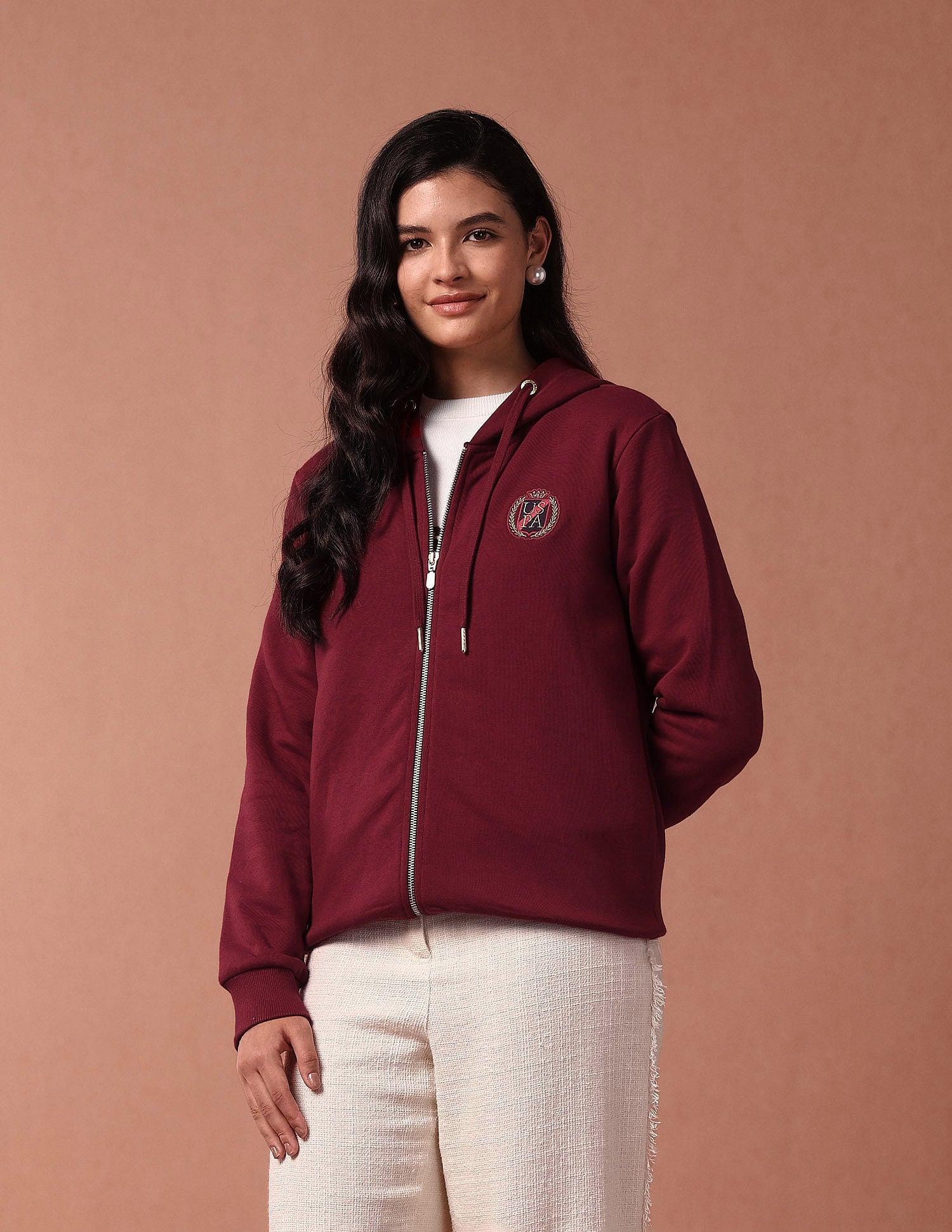 Mettalic Zipup Hooded Sweatshirt Maroon - U.S. Polo Assn. India | Large
