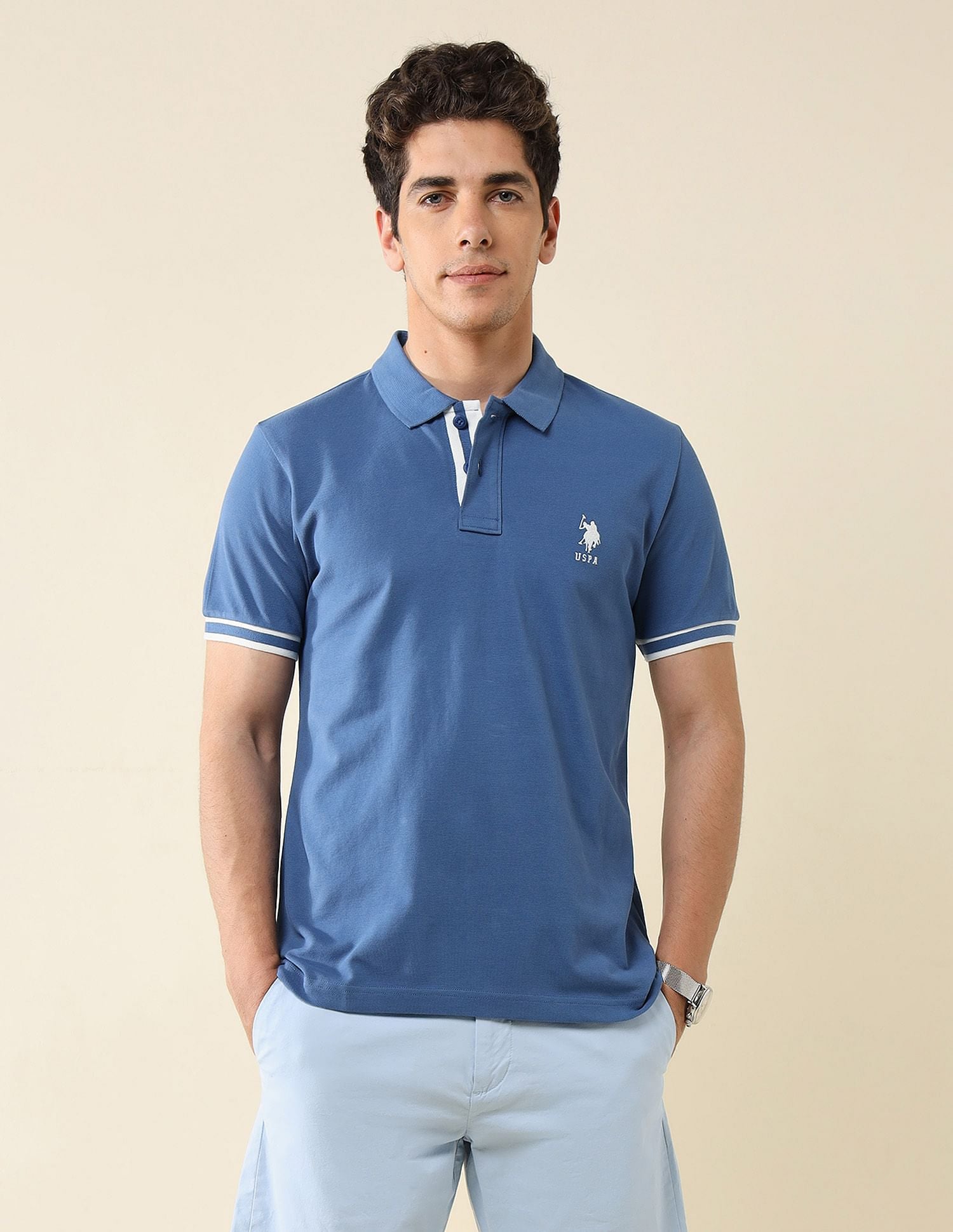Striped Placket Slim Fit Polo Shirt Blue - U.S. Polo Assn. India | Large