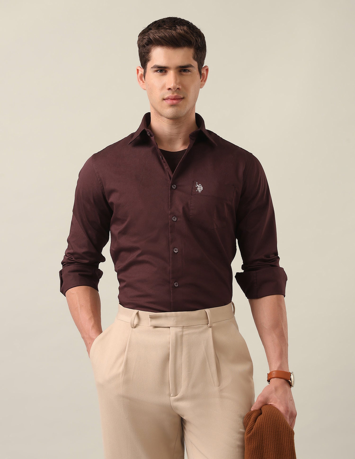 Twill Tailored Fit Shirt Maroon - U.S. Polo Assn. India | Large