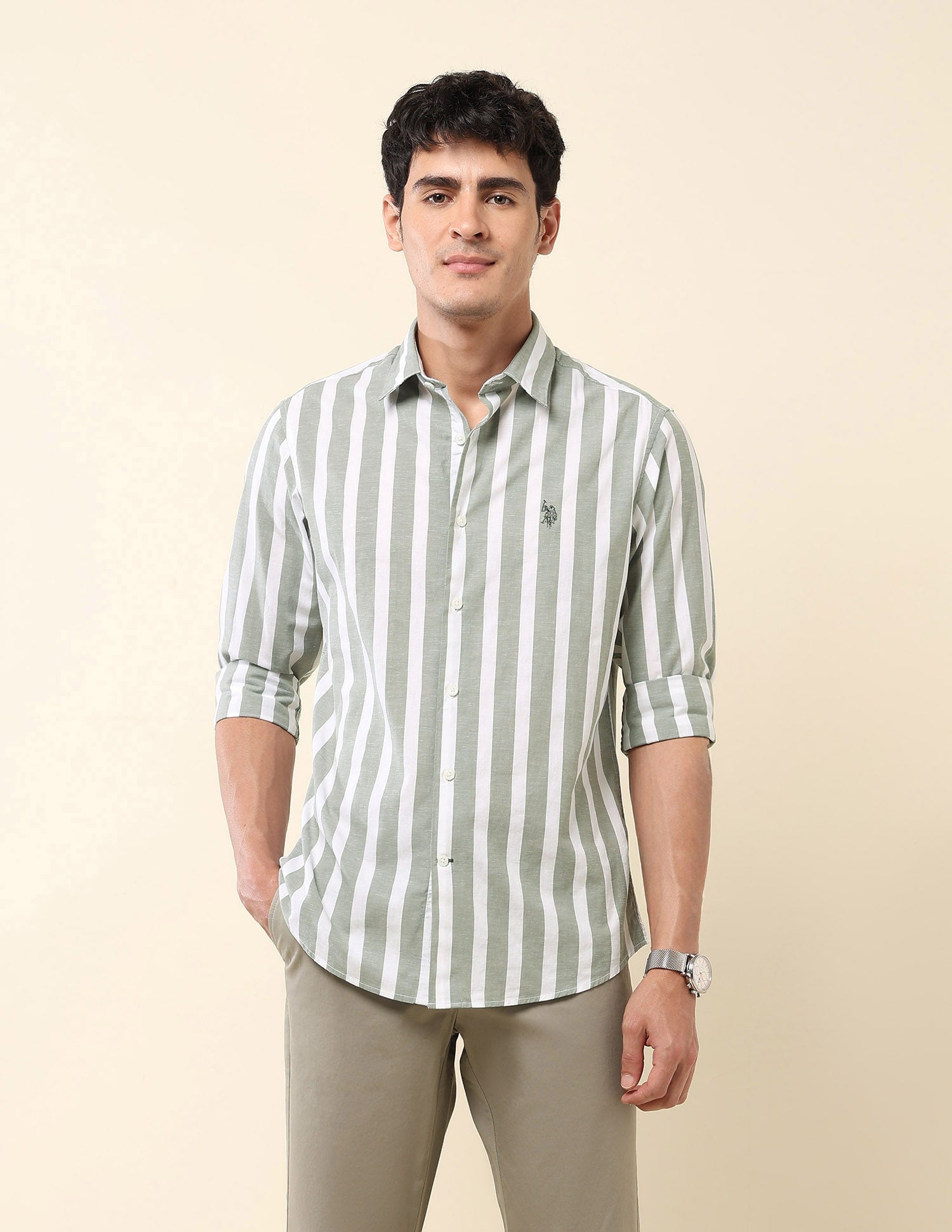 Vertical Striped Pure Cotton Shirt Green - U.S. Polo Assn. India | Large