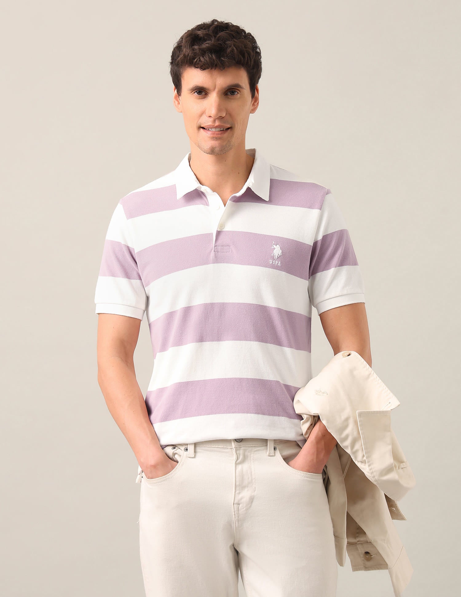 Horizontal Striped Slim Fit Polo Shirt Pink - U.S. Polo Assn. India | Large