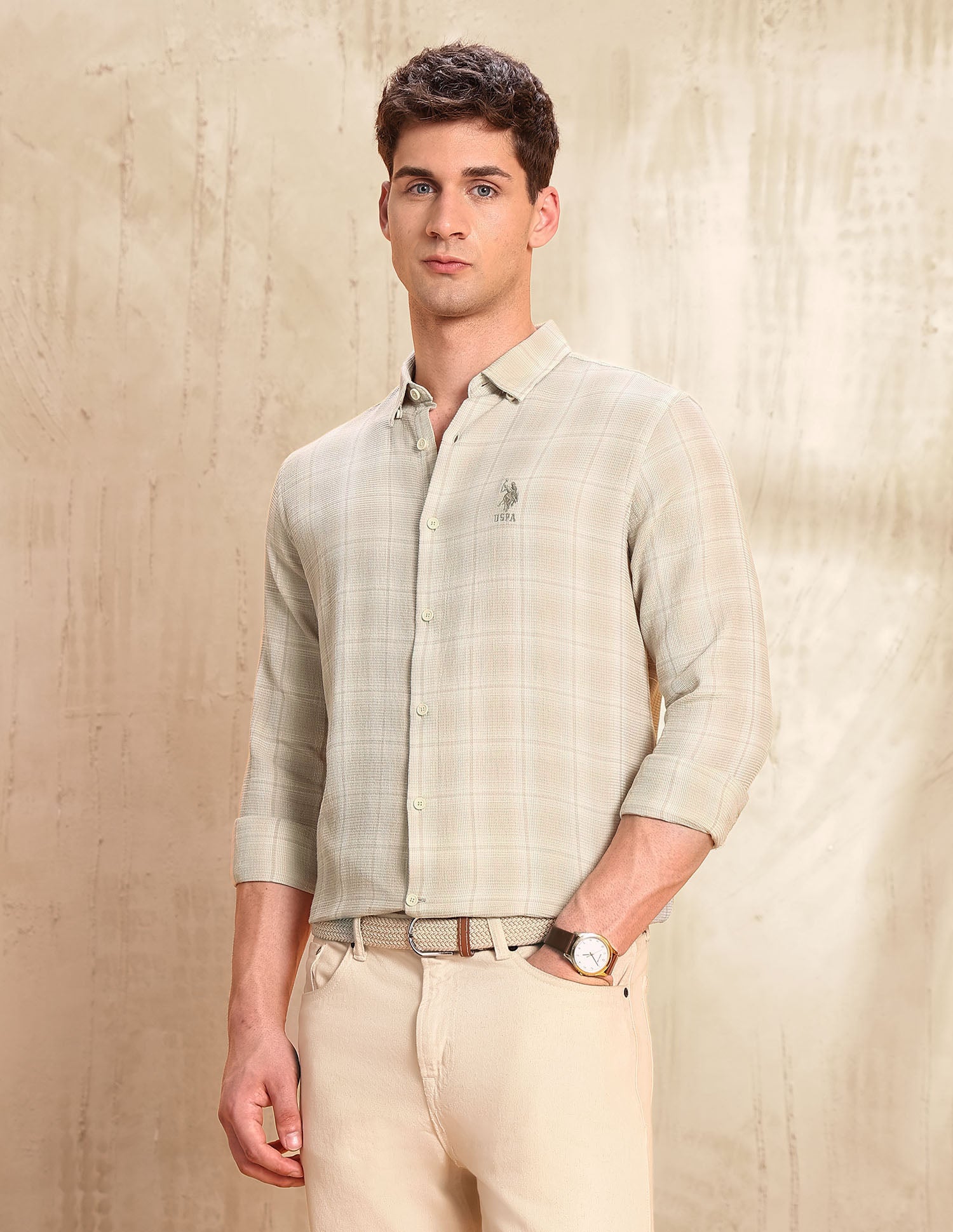 Dobby Regular Fit Shirt Beige - U.S. POLO ASSN. | Large