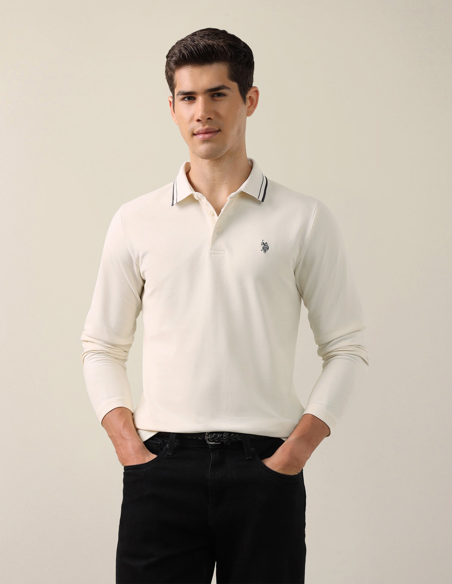 Solid Slim Fit Polo Shirt Off White - U.S. Polo Assn. India | Large