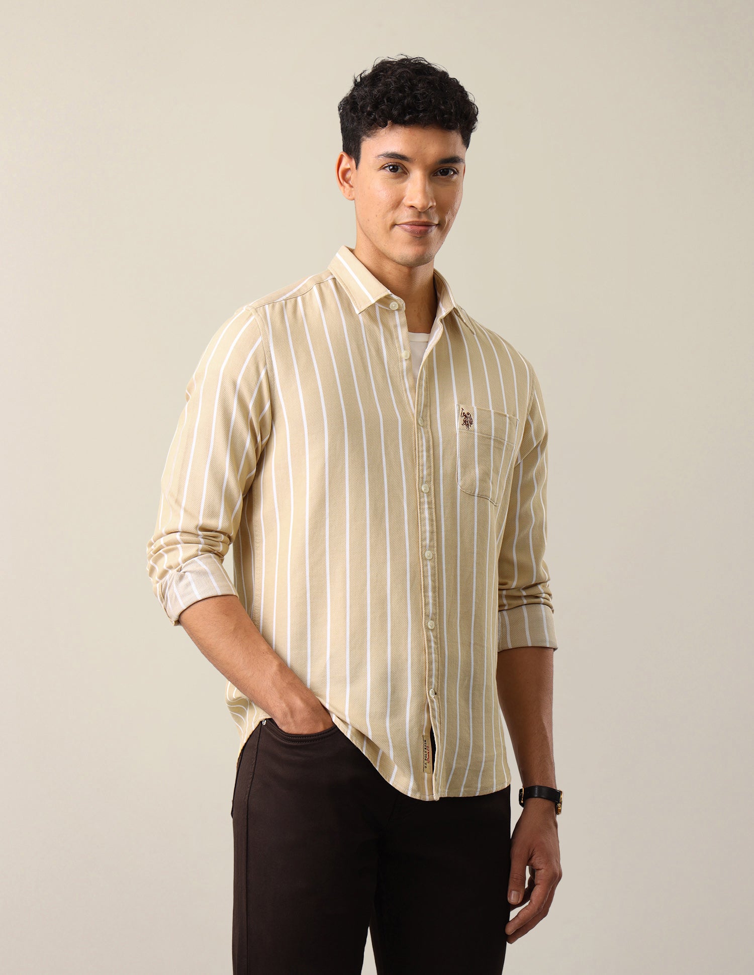 Vertical Striped Regular Fit Shirt Beige - U.S. Polo Assn. India | Large
