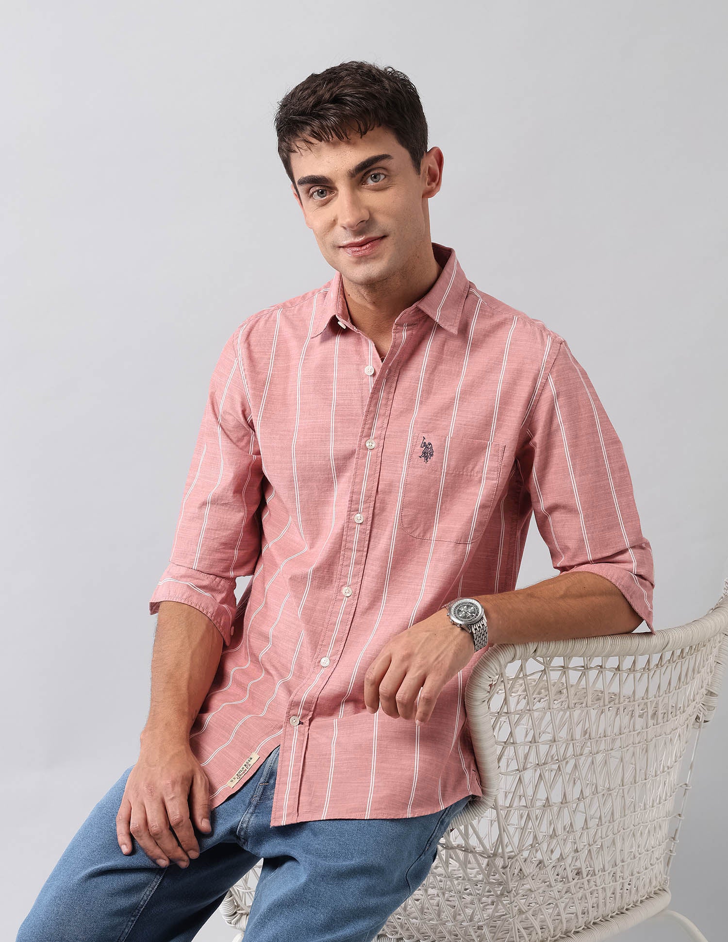 Pure Cotton Vertical Striped Shirt Peach - U.S. Polo Assn. India | Large