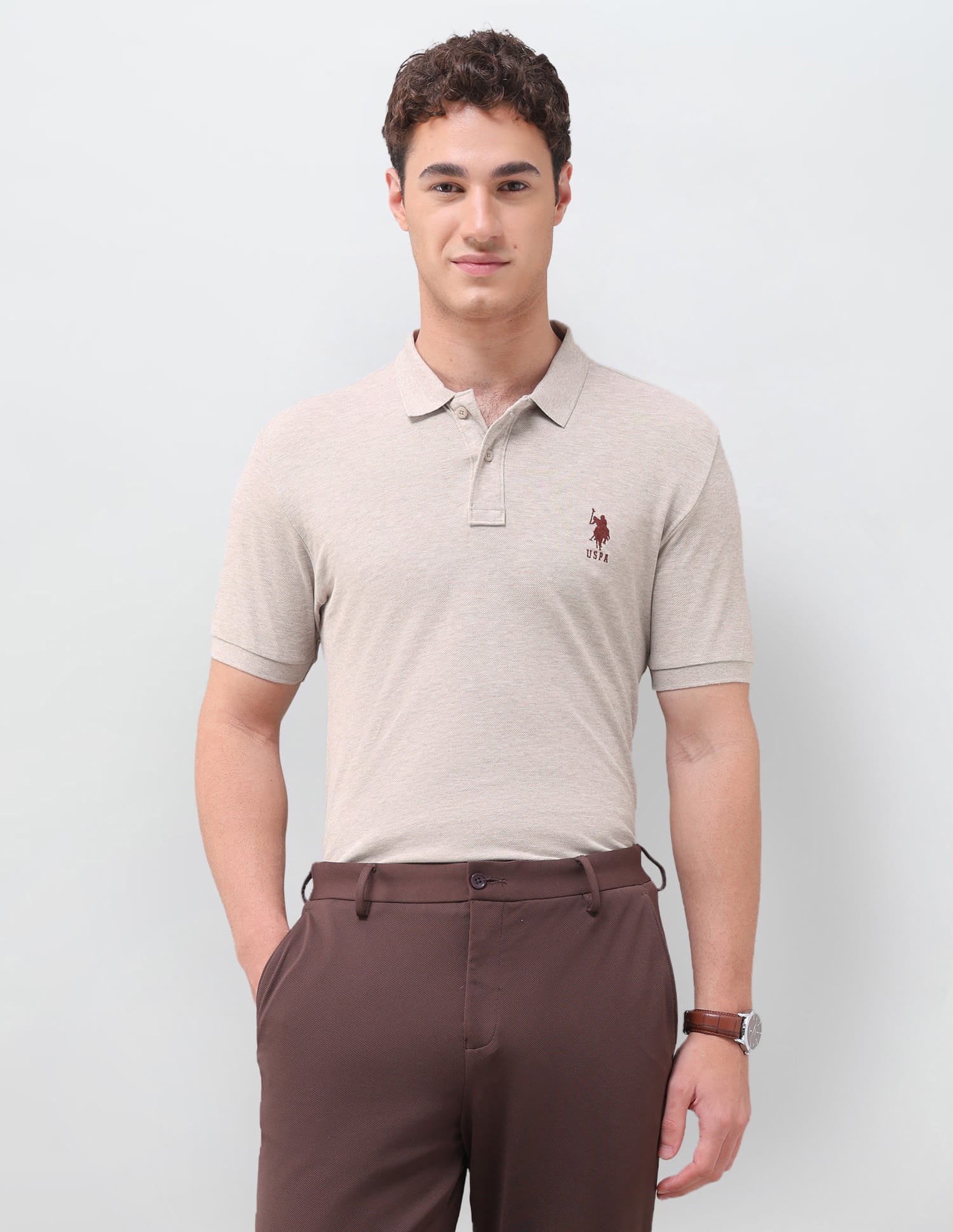 Solid Slim Fit Polo Shirt Beige - U.S. Polo Assn. India | Large