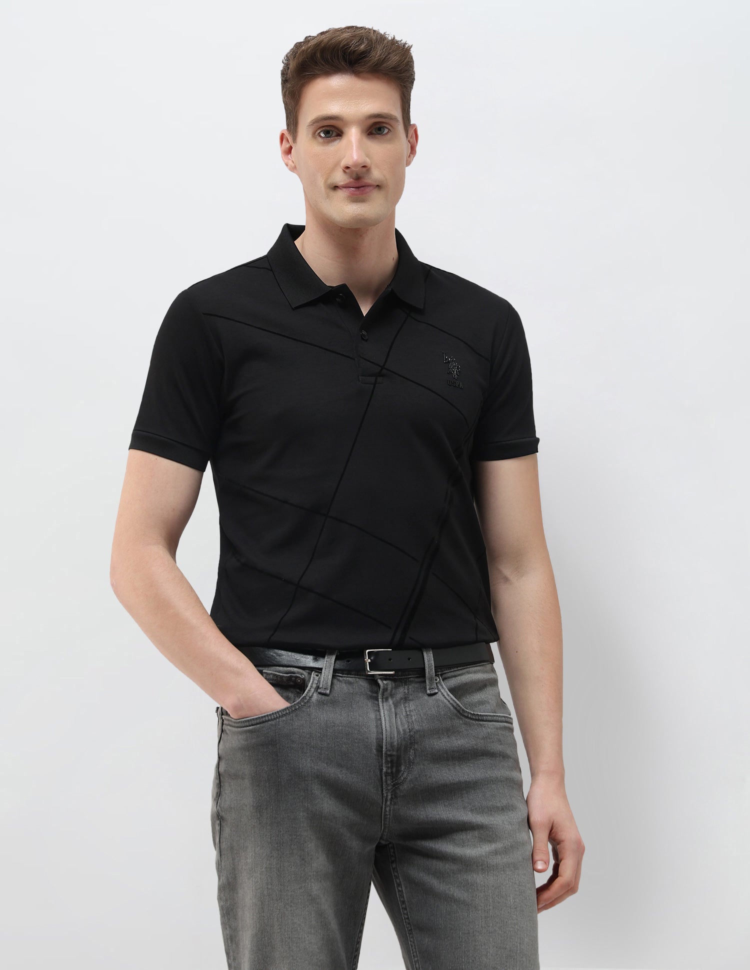 Geometric Printed Black & Gold Polo Shirt