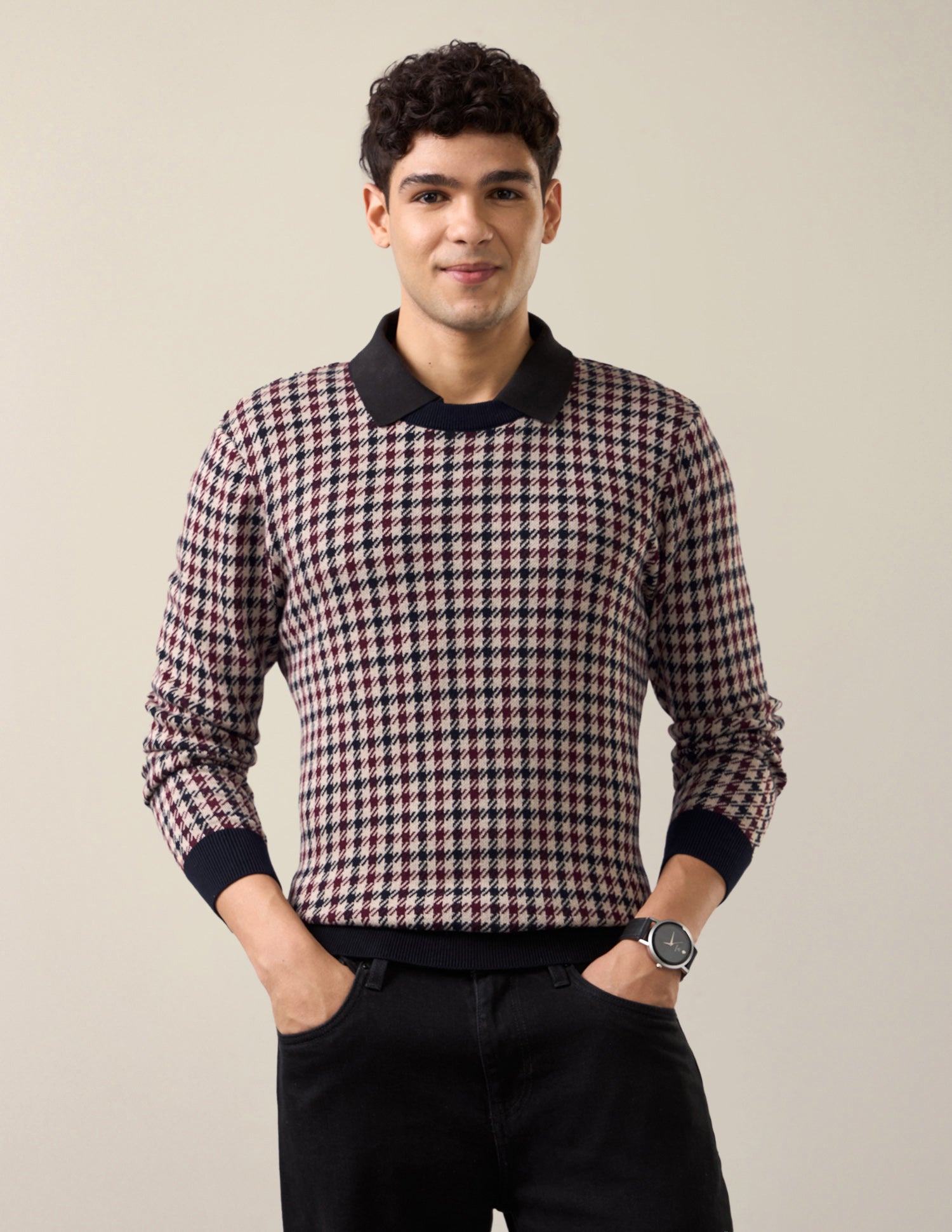 Houndstooth Patterned Knit Slim Fit Sweater Navy - U.S. Polo Assn. India | Large
