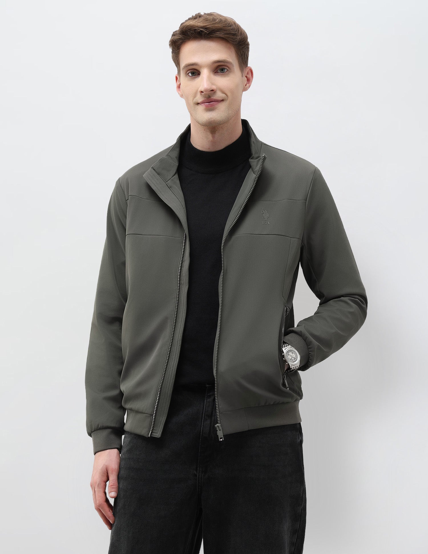 Mock Collar Solid Jacket Dark Olive - U.S. Polo Assn. India | Large