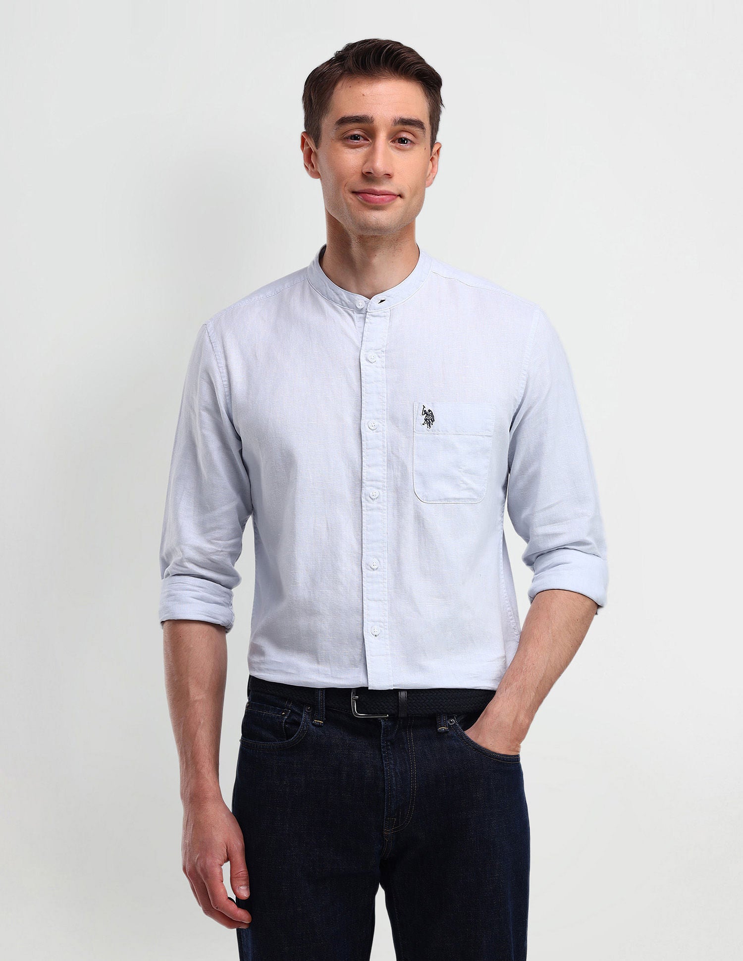 Slim Fit Poplin Linen Shirt Blue - U.S. Polo Assn. India | Large