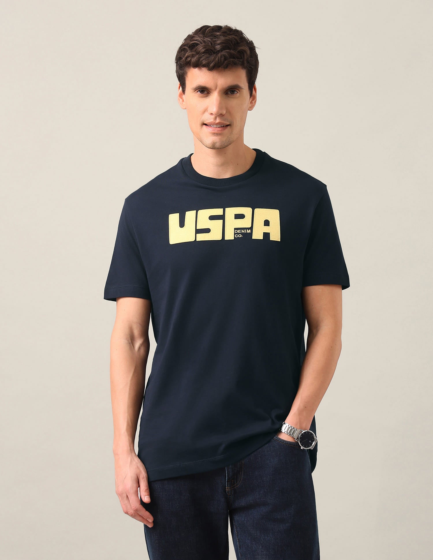 Typographic Brand Printed Regular Fit T-Shirt Blue - U.S. Polo Assn. India | Large