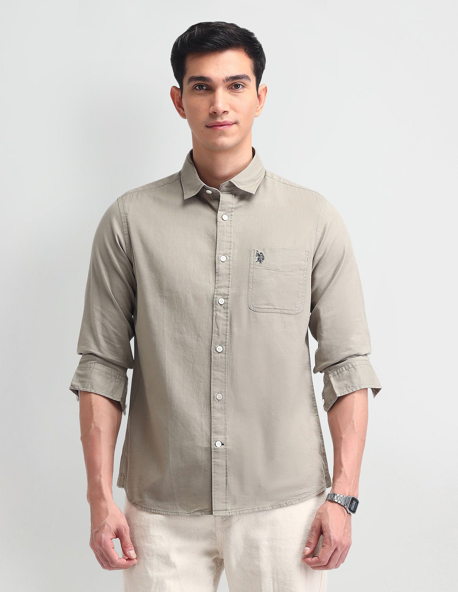 Slim Fit Solid Twill Shirt Grey - U.S. Polo Assn. India | Large