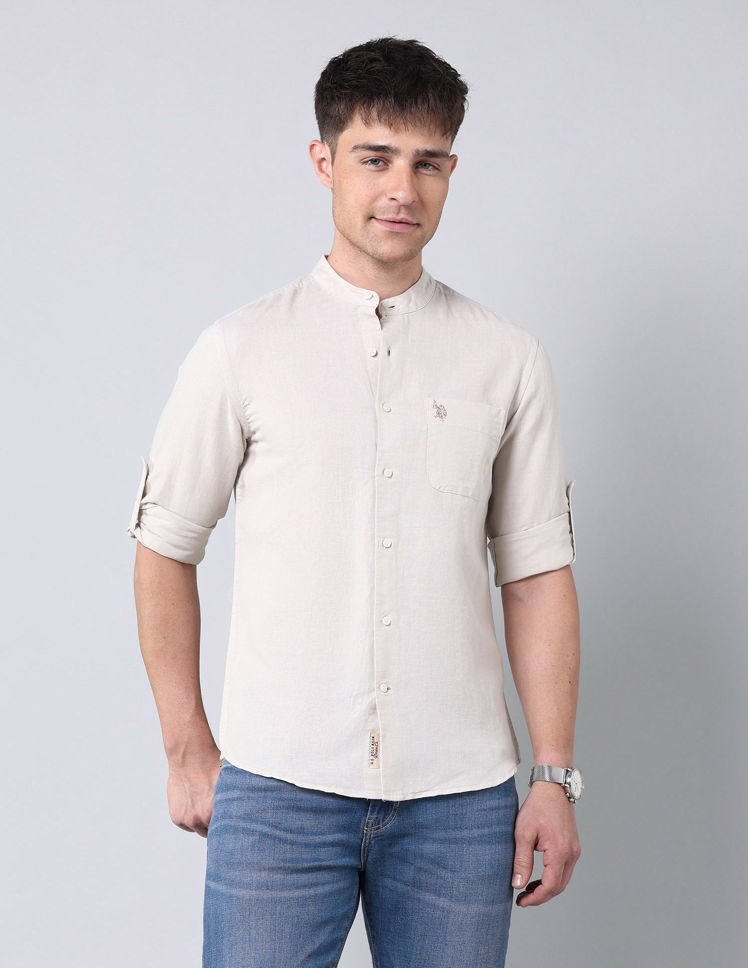 Solid Regular Fit Poplin Shirt Light Beige - U.S. Polo Assn. India | Large