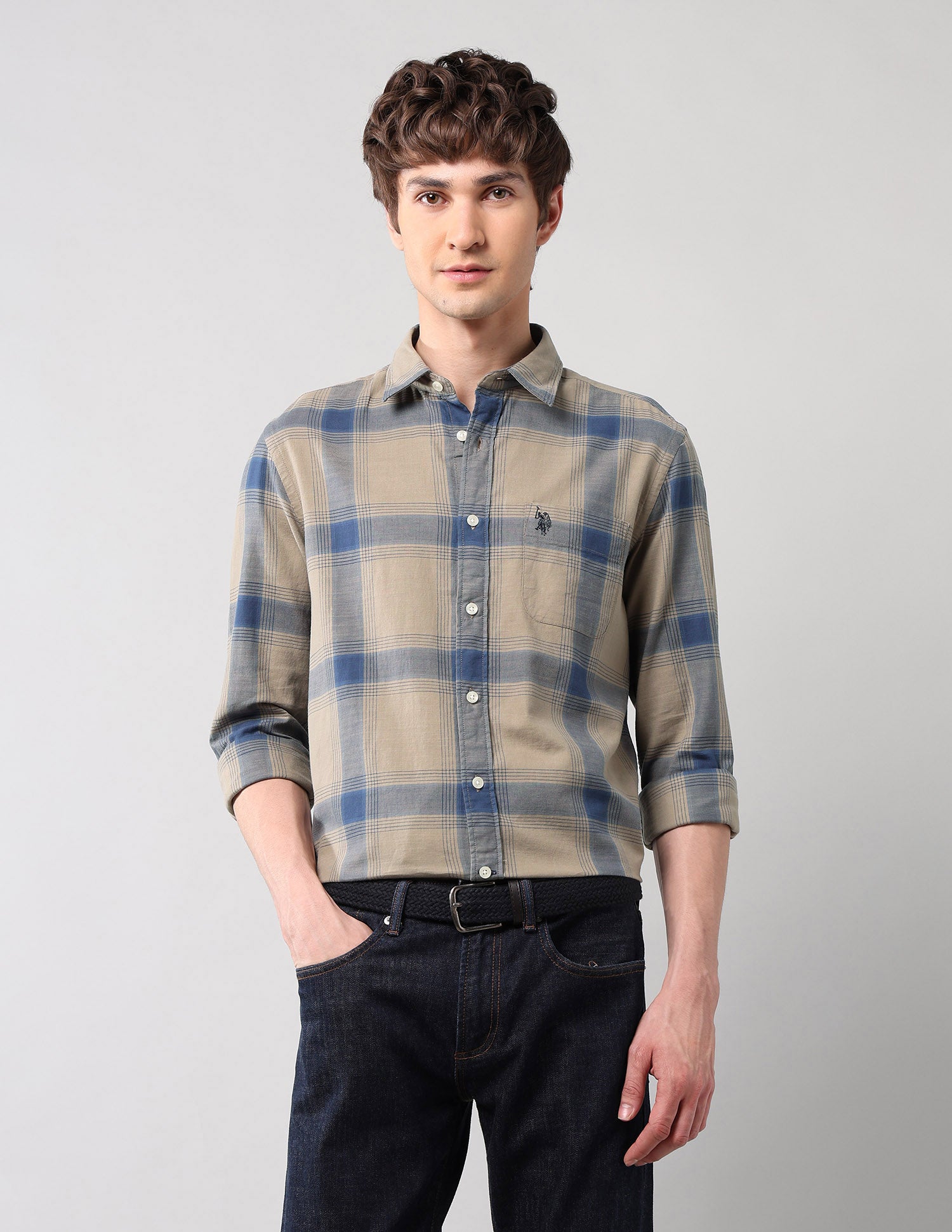 Windowpane Checked Pure Cotton Shirt Khaki - U.S. Polo Assn. India | Large